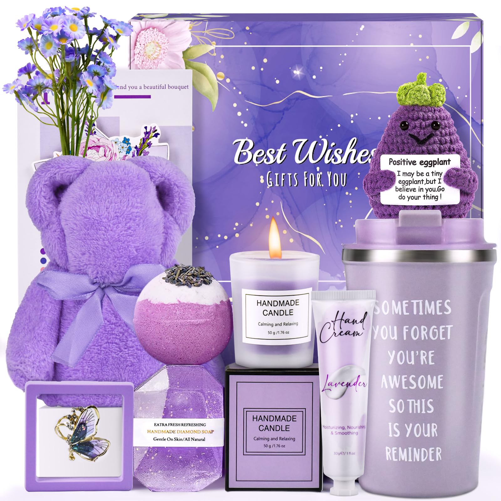 Lavender Spa Gift Set for Women - Relaxing Birthday, Christmas & Holiday Gifts for Her, Best Friend, Mom, Sister, Wife, Girlfriend or Coworker - Includes Emotional Support Eggplant Doll - Perfect for Self-Care, Stress Relief & Thoughtful Present Giving