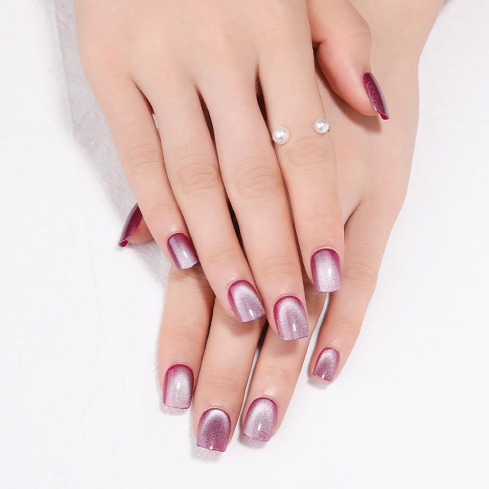 Short Square Press on Nails - Purple Cat Eye Fake Nails | Reusable Glossy Acrylic Stick on Nails Kit for Women | Perfect for Parties, Weddings & Everyday Glam