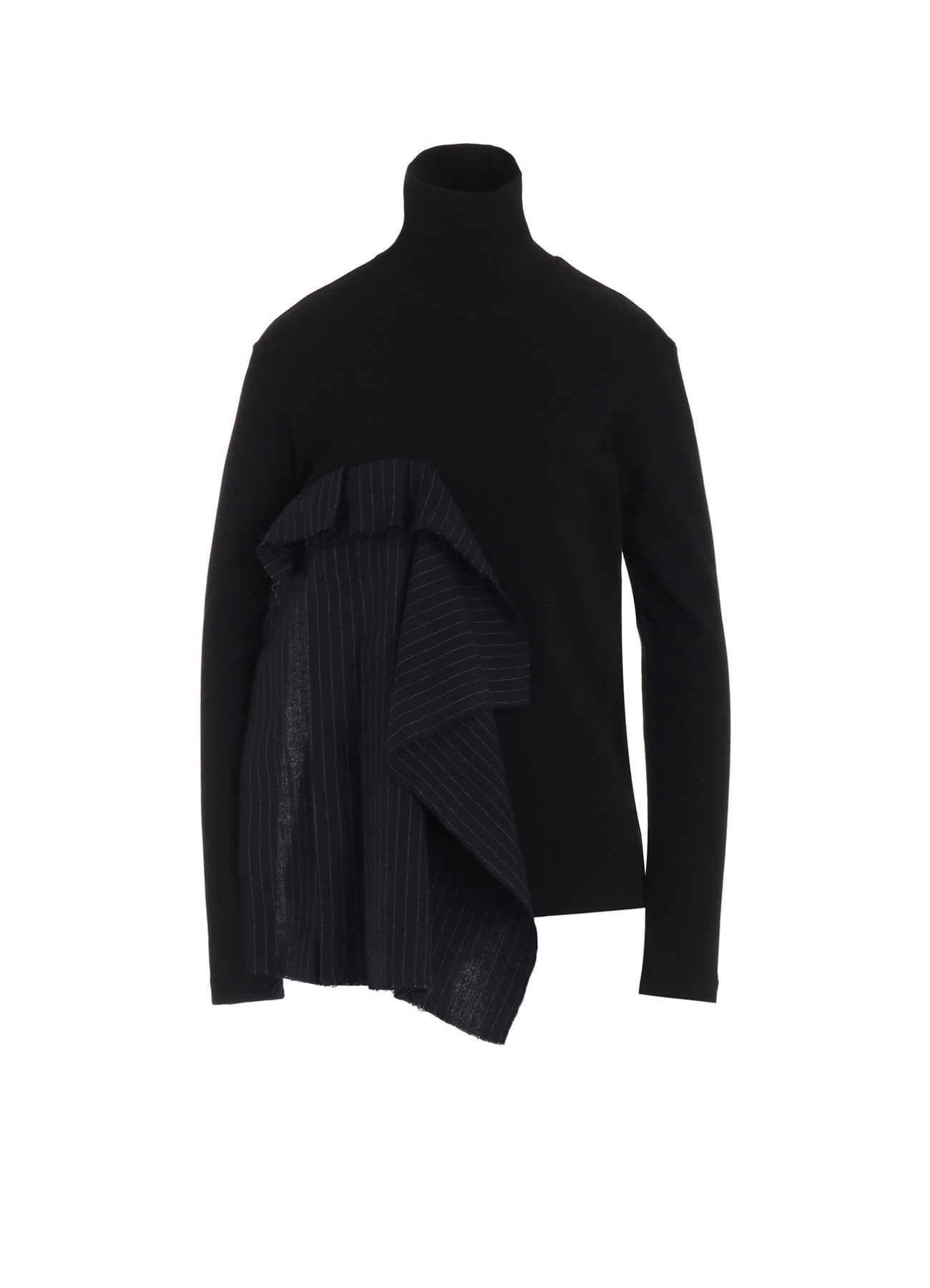 Premium Cotton Rib Jersey Long Sleeve High Neck T-Shirt with Pleated Stripes - Women's Fashion Basic Top for Casual Wear & Layering