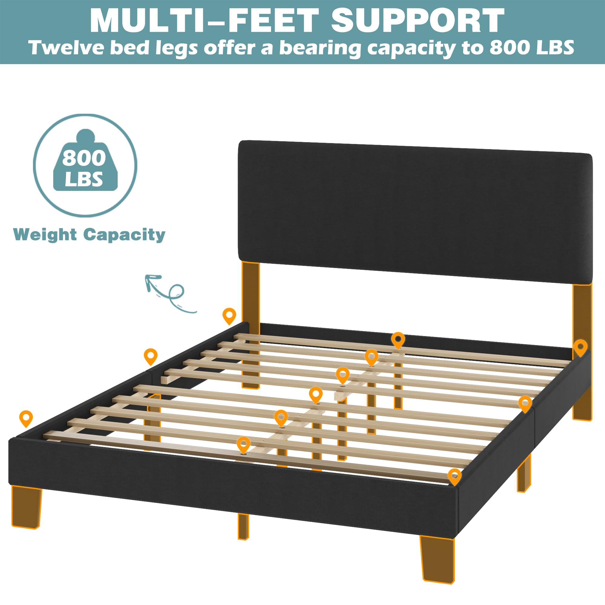 **Lifezone Queen Bed Frame with Upholstered Headboard - Dark Grey Wooden Slat Support, Heavy Duty Metal Feet, No Box Spring Needed - Easy Assembly for Bedroom, Guest Room, or Dorm**
