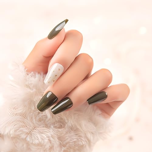 Shhagan Glossy Seawood Fake Nails - Medium Ballerina Shape Press On Nails Set of 12 | Easy to Apply, Reusable Artificial Nails for Parties, Weddings & Special Occasions