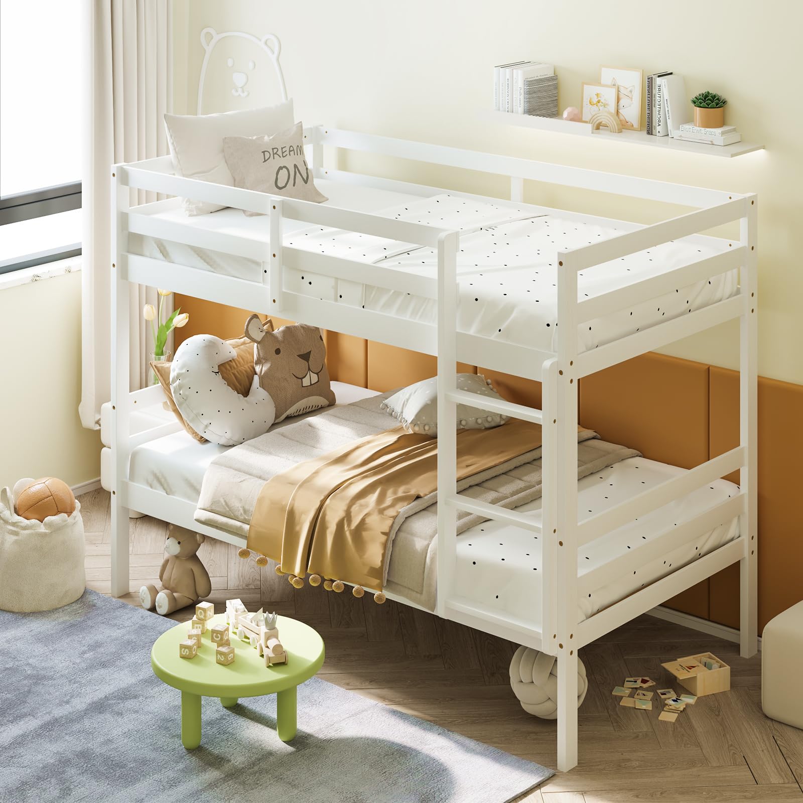 Giantex Twin Over Twin Solid Wood Bunk Bed with Sturdy Ladder & 12