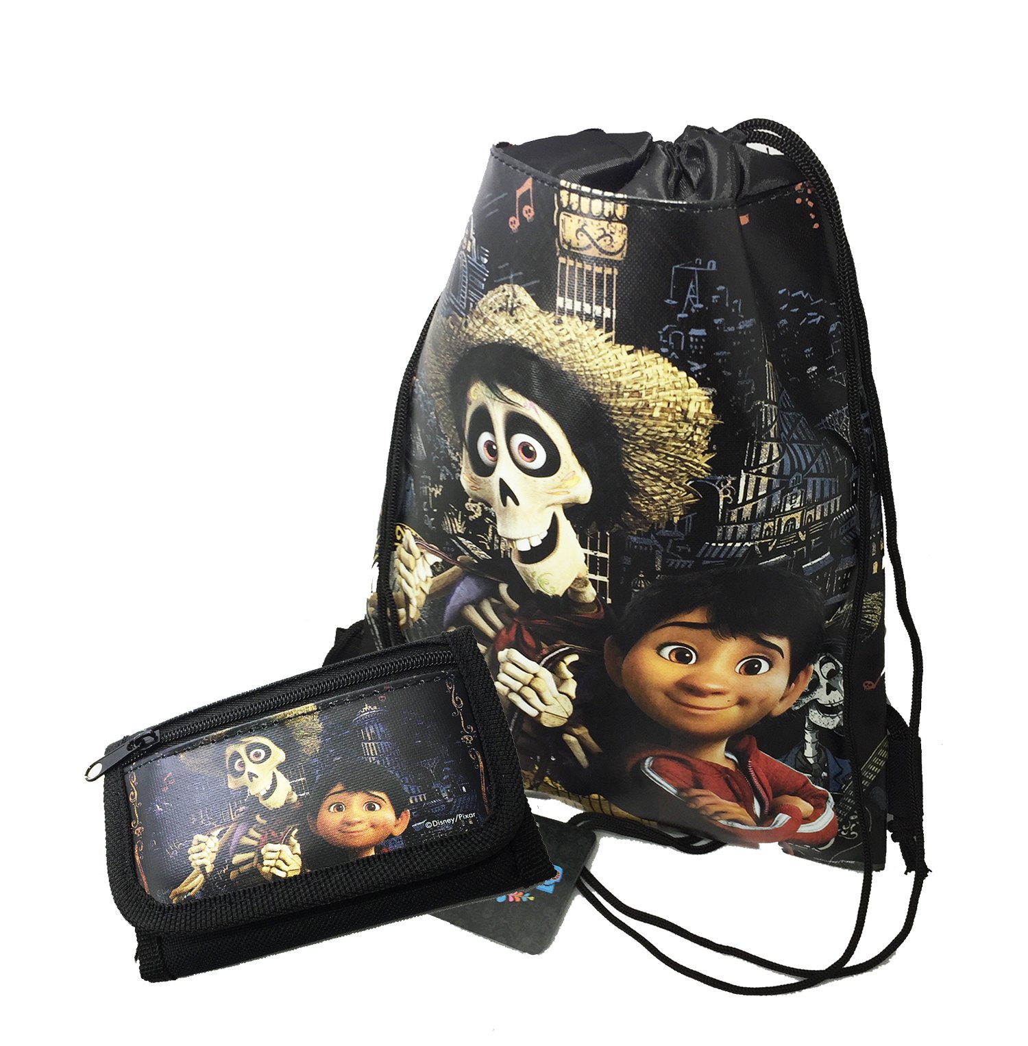 Disney Licensed COCO Sling Drawstring Backpack with Small Wallet - Black | Lightweight Travel Bag for Women & Men | Perfect for School, Gym, Shopping & Outdoor Activities