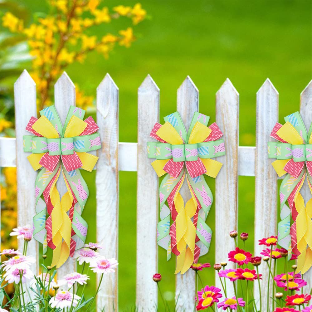 Large Easter Wreath Bows for Front Door - Pink Yellow Green Burlap Bows with Easter Bunny Rabbits Design | Spring Holiday Decor for Wreaths, Wall, Tree Topper | Perfect for Easter Home Decorations & Spring Party