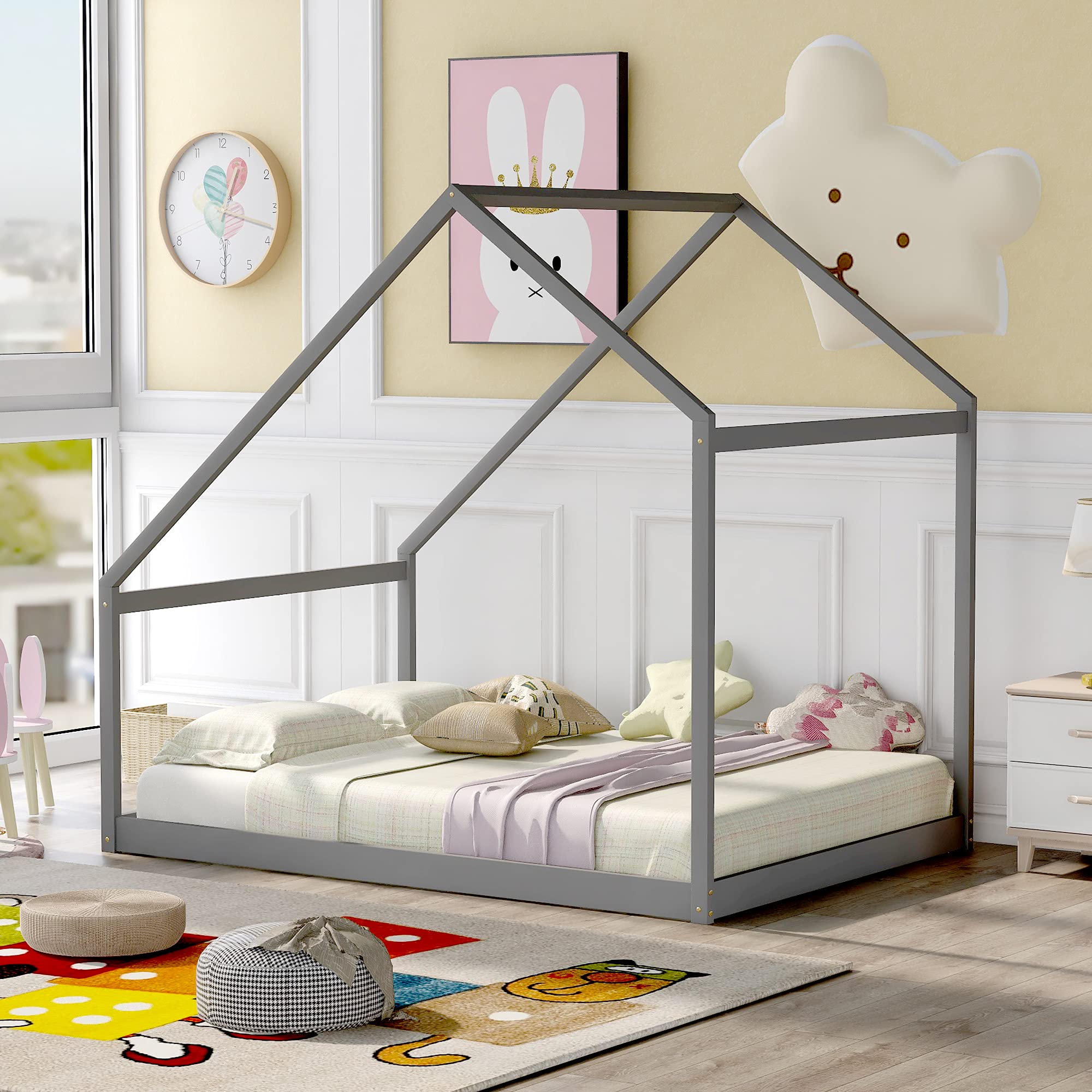 Wooden House Bed for Kids - Full Size Gray Frame for Bedroom Decor