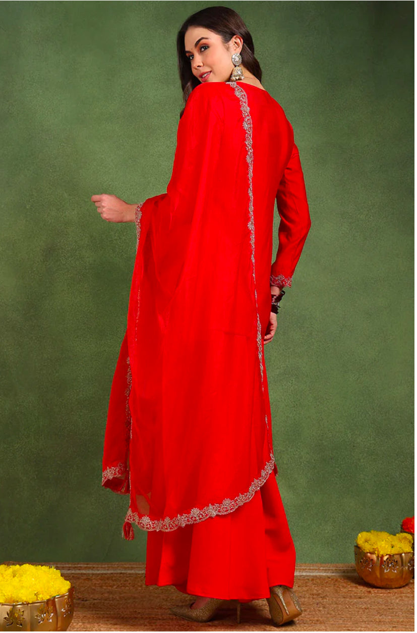 Elegant Red Silk Blend Embroidered Kurta Set for Women | Traditional Indian Ethnic Wear | Perfect for Festivals, Weddings & Special Occasions