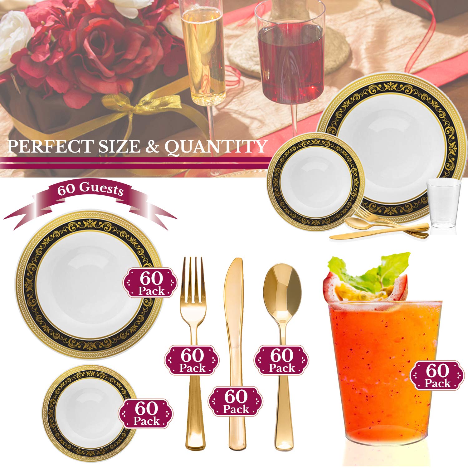 Premium Disposable Plastic Dinnerware Set for 60 Guests - Elegant White with Black & Gold Trim Plates, Dessert Plates, Cutlery & Cups - Perfect for Weddings, Birthdays, Parties & Special Events - Ideal for Upscale Catering, Outdoor Gatherings & Formal Celebrations