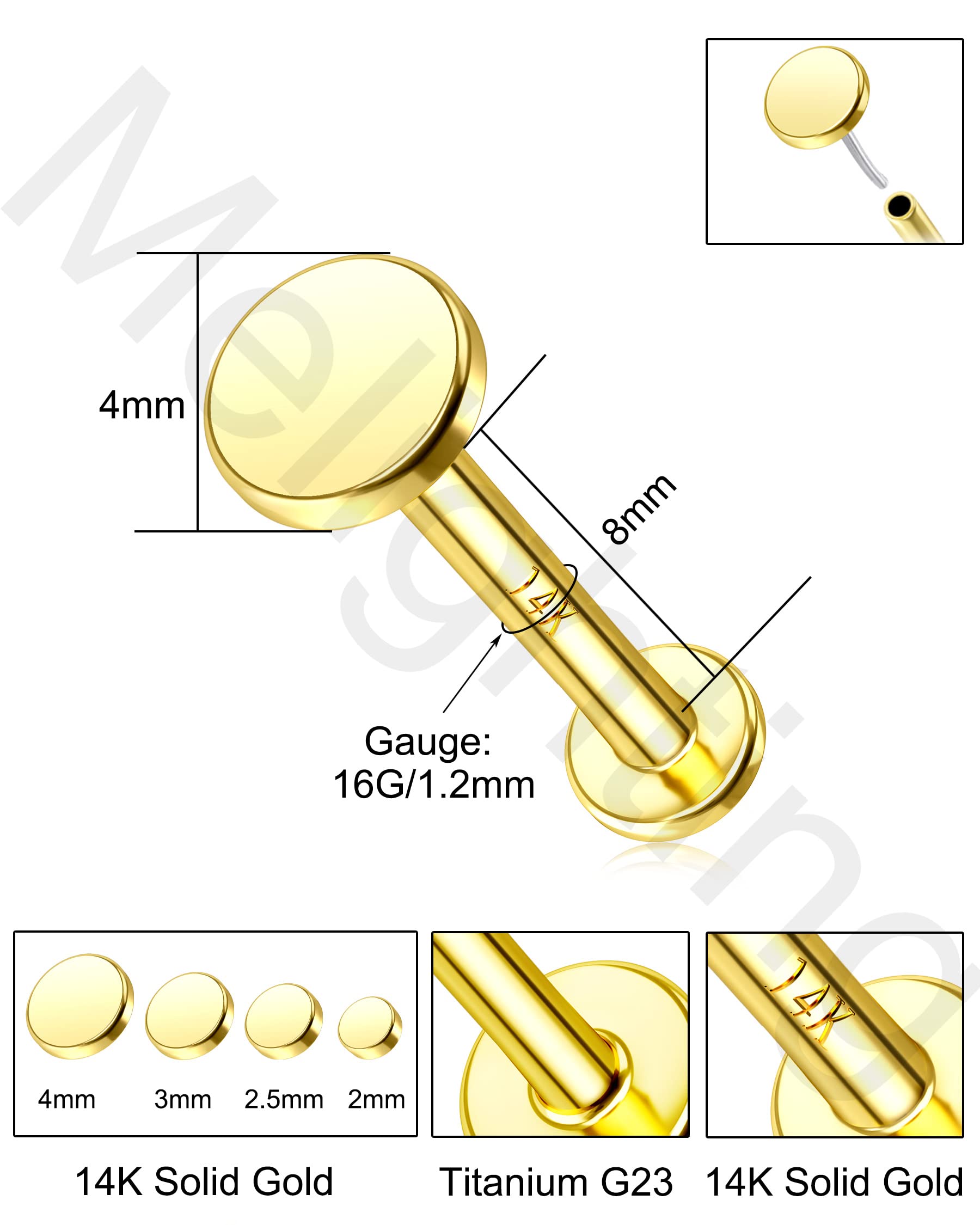 14K Gold Threadless Earrings - 16G Flat Back Labret Studs for Tragus, Conch & Helix Piercing | Tiny Disc Push-in Jewelry for Women | Perfect for Daily Wear & Special Occasions