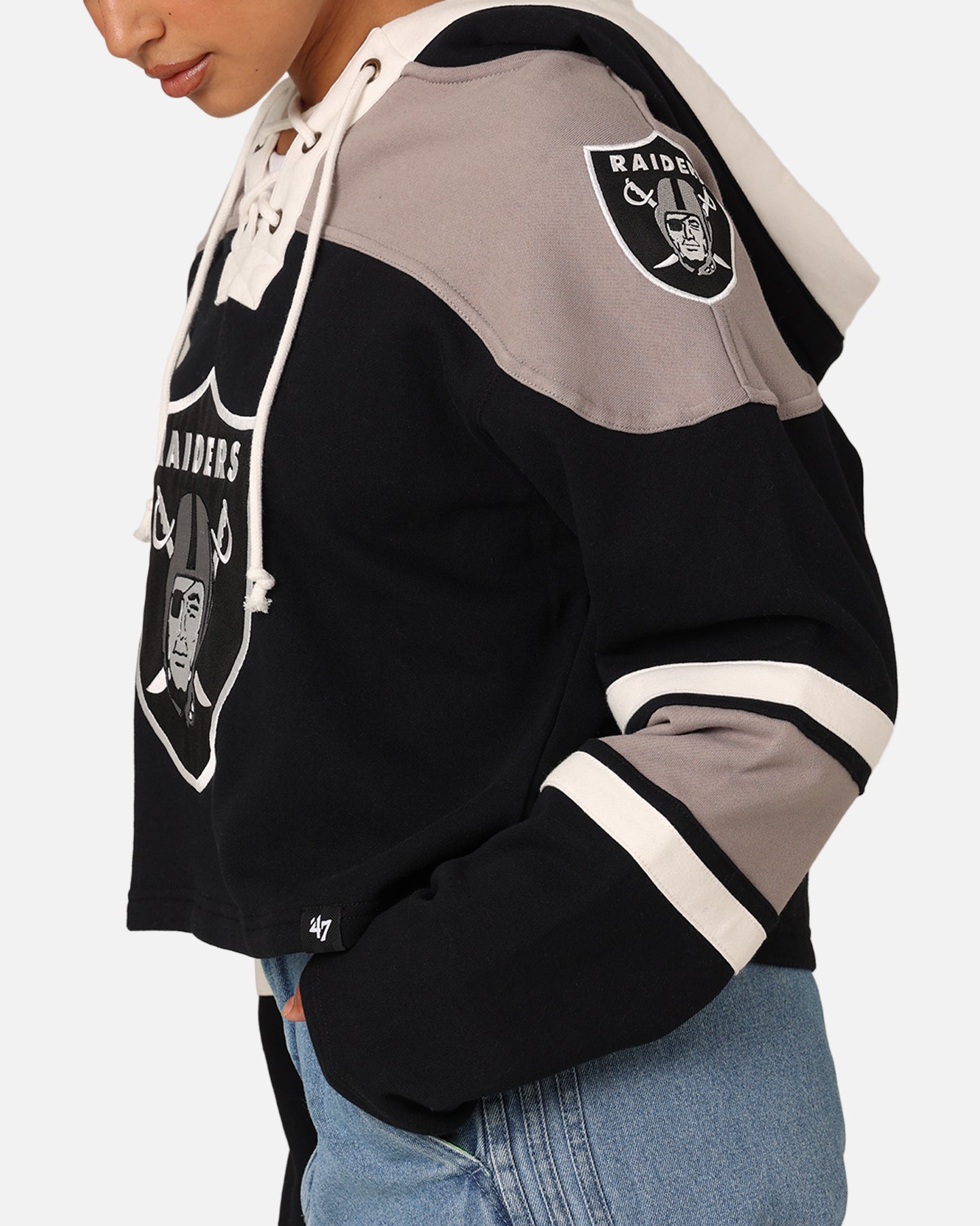 47 Brand Women's Las Vegas Raiders Cropped Lace-Up Hoodie - Jet Black NFL Fan Gear for Game Day & Casual Wear