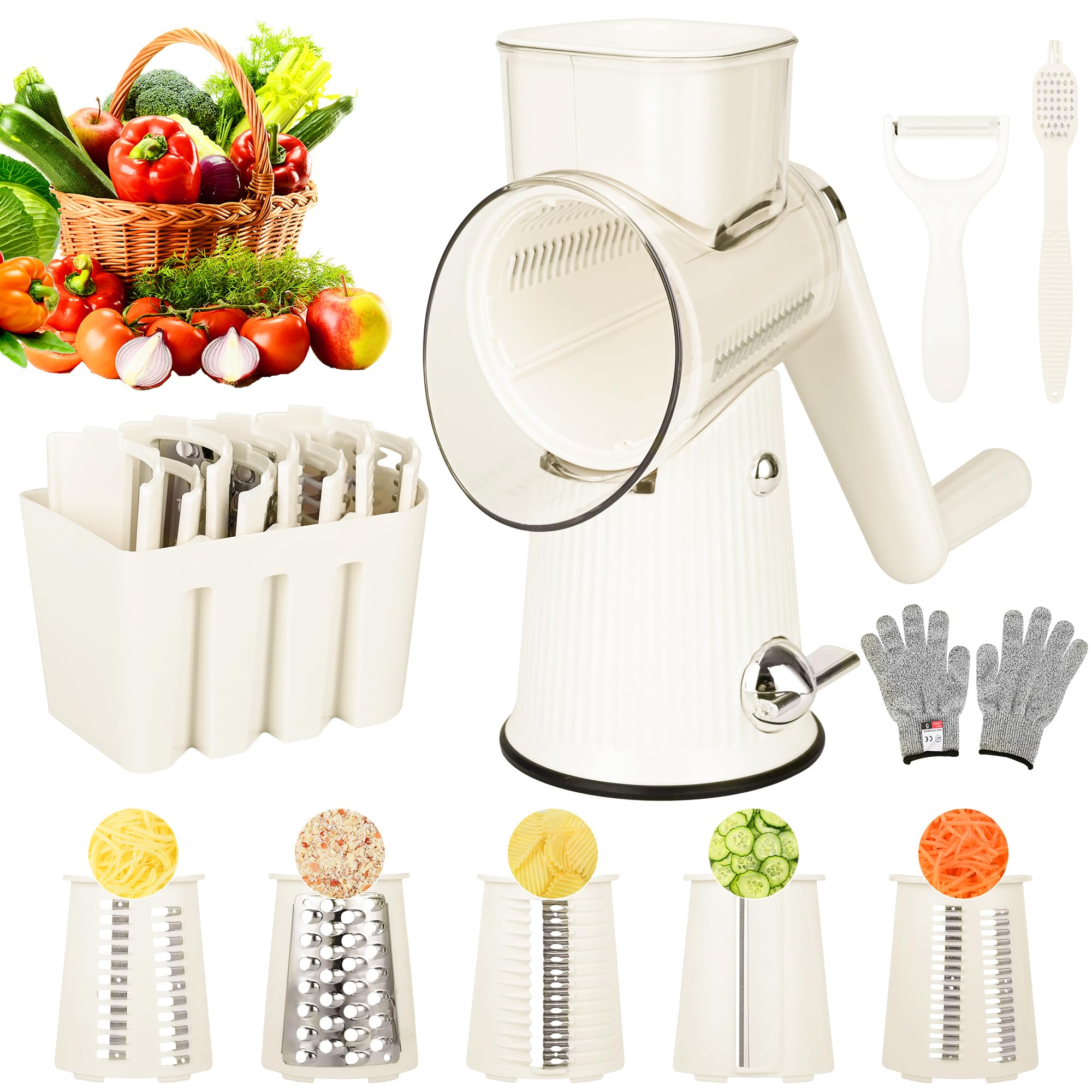 5-Blade Hand Crank Cheese Grater & Vegetable Slicer - White Kitchen Countertop Shredder with Handle, Nut Grinder & Cleaning Brush - Perfect for Pasta, Salads, Baking & Meal Prep