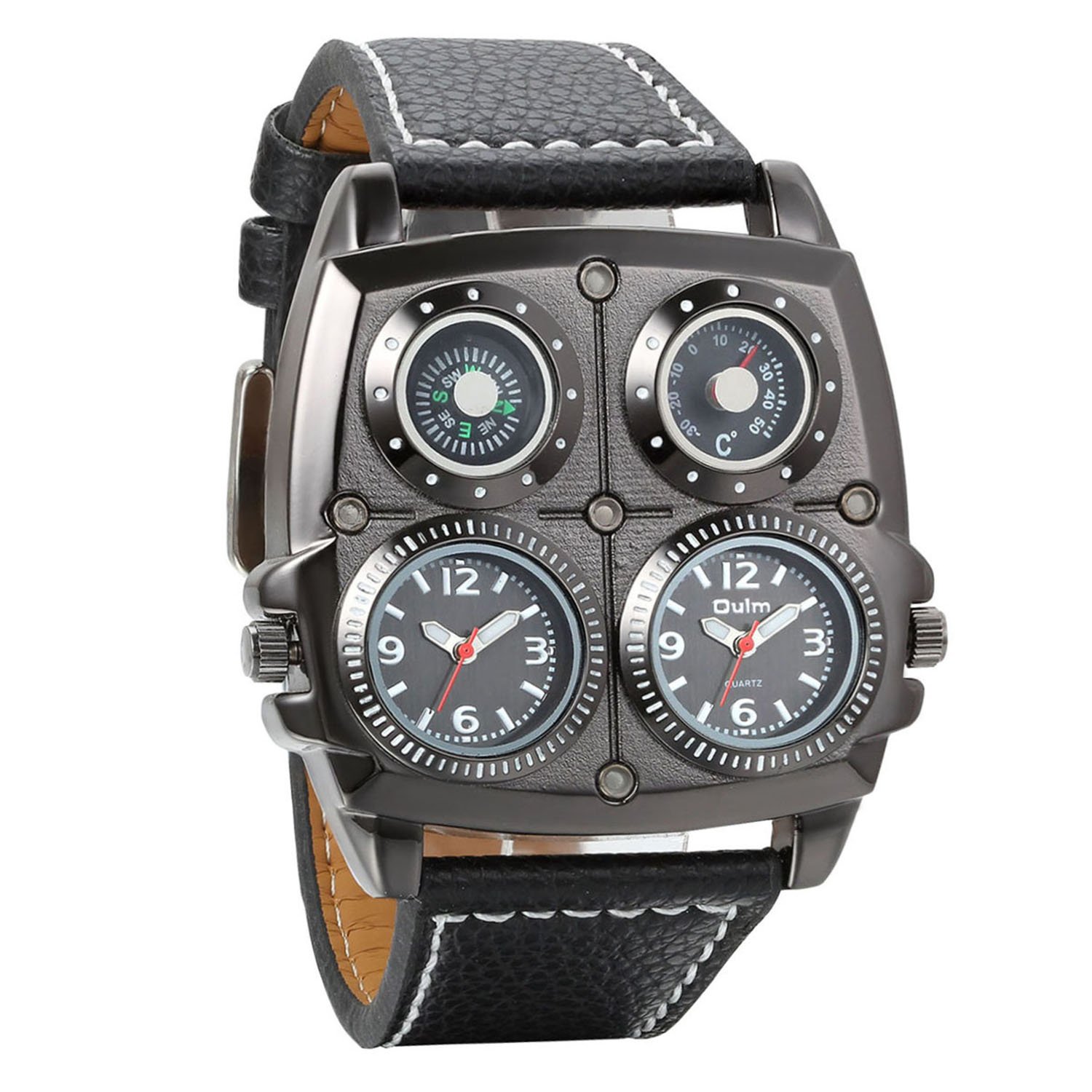 Avaner Men's Punk Watch - Unique Large Face Dual Time Zone Analog Quartz Wristwatch with Leather Strap, Decorative Compass & Thermometer Dial - Perfect for Outdoor Adventures, Travel & Fashion Statement
