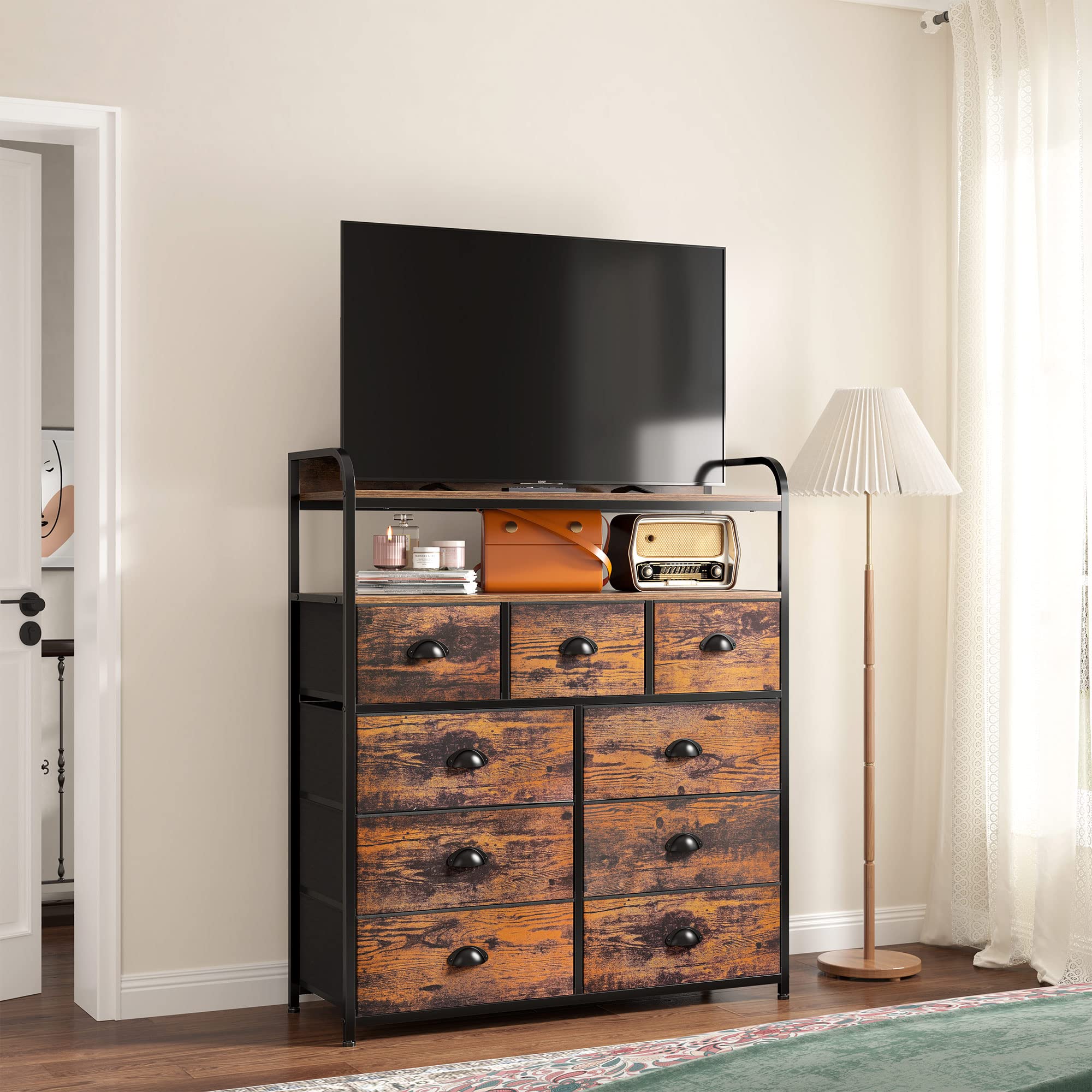 EnHomee 9-Drawer Tall Dresser for Bedroom - Rustic Brown Wooden Chest with 2 Open Shelves & Sturdy Metal Frame - Spacious Storage Solution for Clothes, Linens & Bedroom Organization - Perfect for Master Bedroom, Guest Room & Dorm Decor