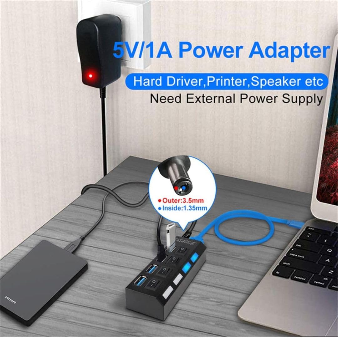 4-Port USB 2.0 Hub with LED Indicators & Power Switches - Portable USB Splitter Adapter for Laptop, PC, Mac, Gaming & Office Use - High-Speed Data Transfer & Multi-Device Charging Station