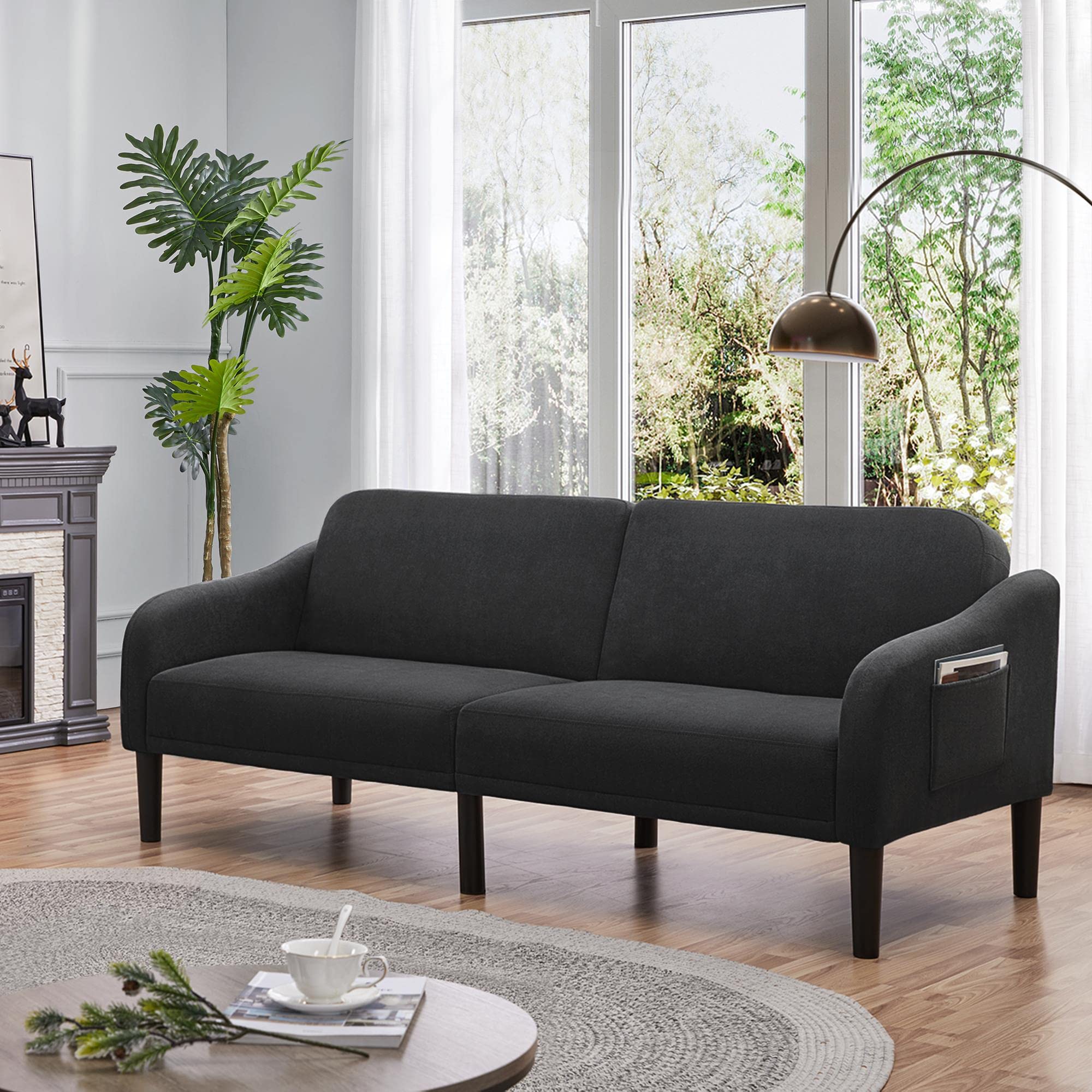 Yaheetech Modern Convertible Sofa Bed - Upholstered Folding Futon with Adjustable Split Back for Living Room, Guest Room & Small Spaces - Black (Multi-Functional Sleeper Sofa for Apartments, Dorms & Home Office)