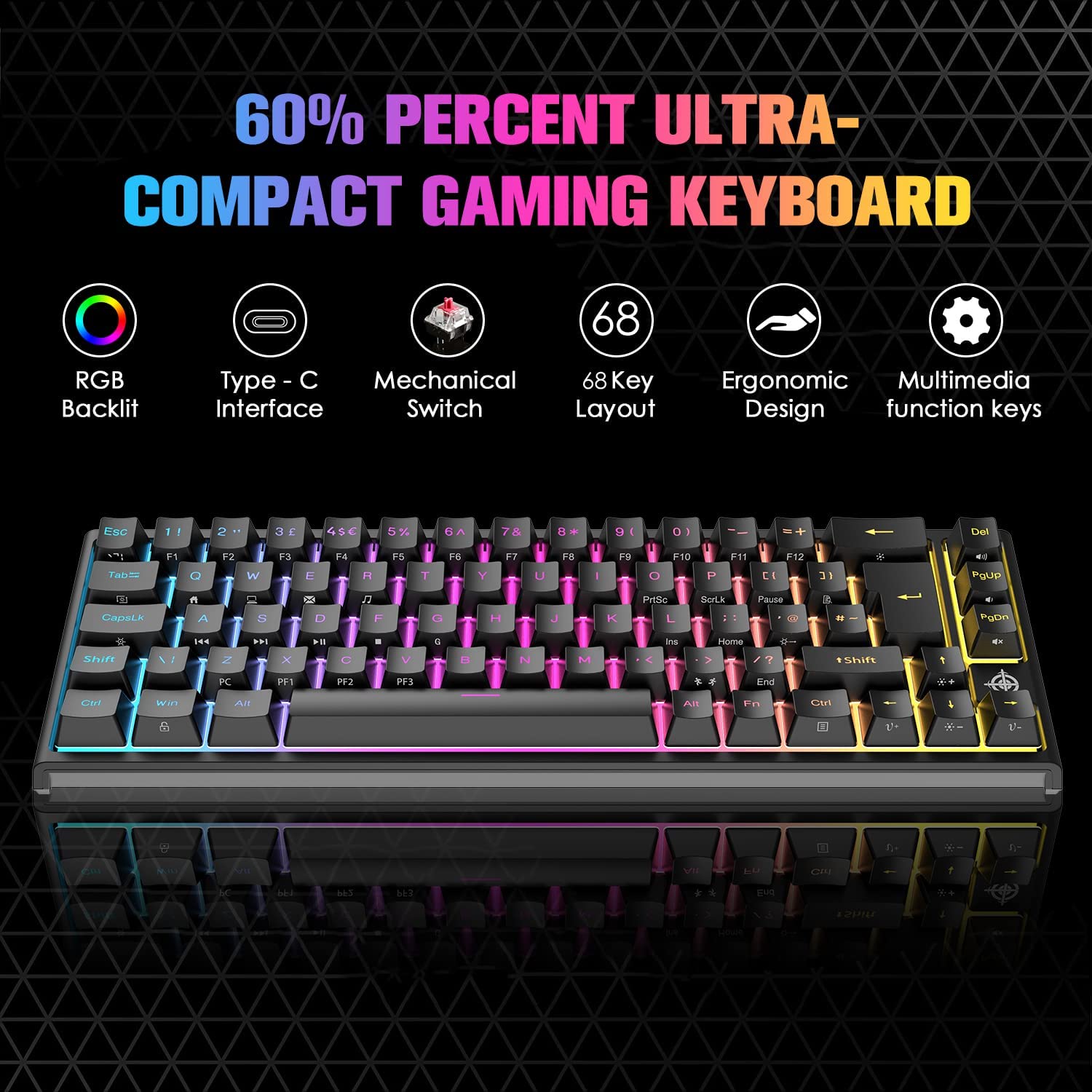 LexonElec 60% RGB Mechanical Keyboard - Red Switches for Gaming & Office