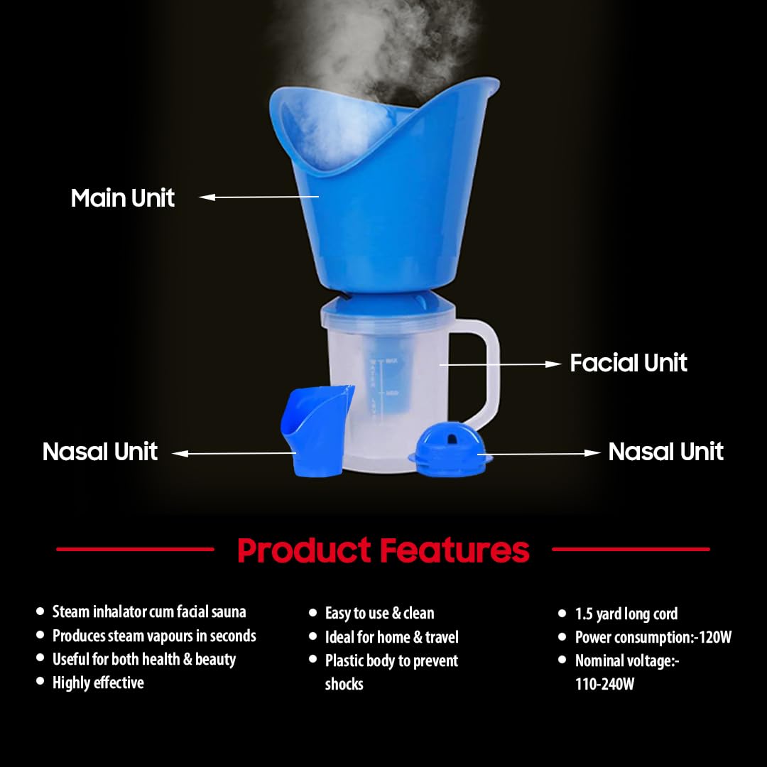 Perfecxa 3-in-1 Steam Vaporizer for Cold & Cough Relief - Portable Nose Steamer, Inhaler & Facial Vaporizer Machine - Soothing Steam Therapy for Congestion, Allergies & Dryness - Perfect for Home & Travel Use (Blue)
