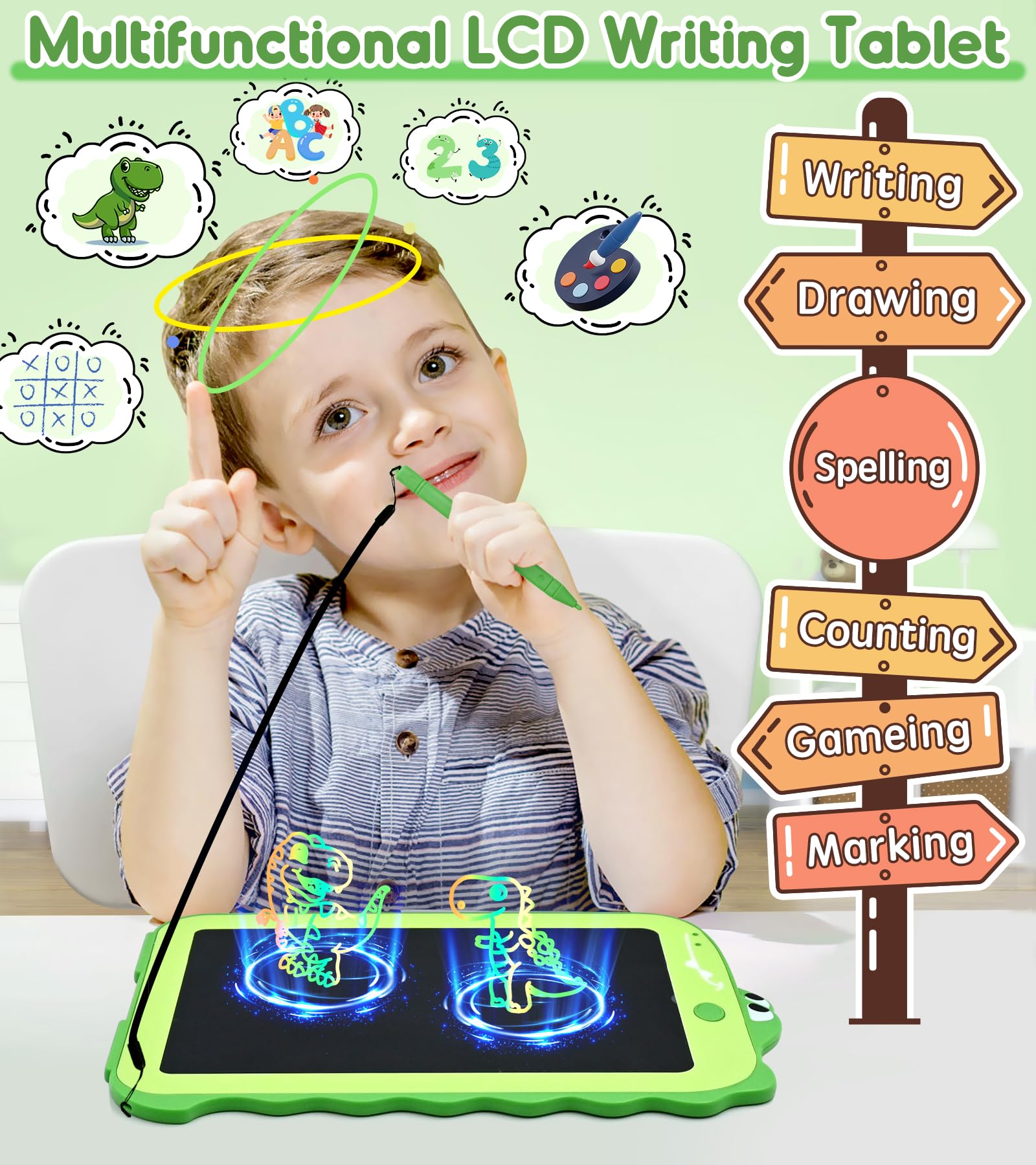 **LCD Writing Tablet for Kids - Dinosaur Drawing Board & Educational Learning Toy for Boys Girls Ages 2-8 | Toddler Travel Doodle Pad, Birthday Gift Idea for 3-7 Year Olds | Perfect for Home, School & Car Rides**