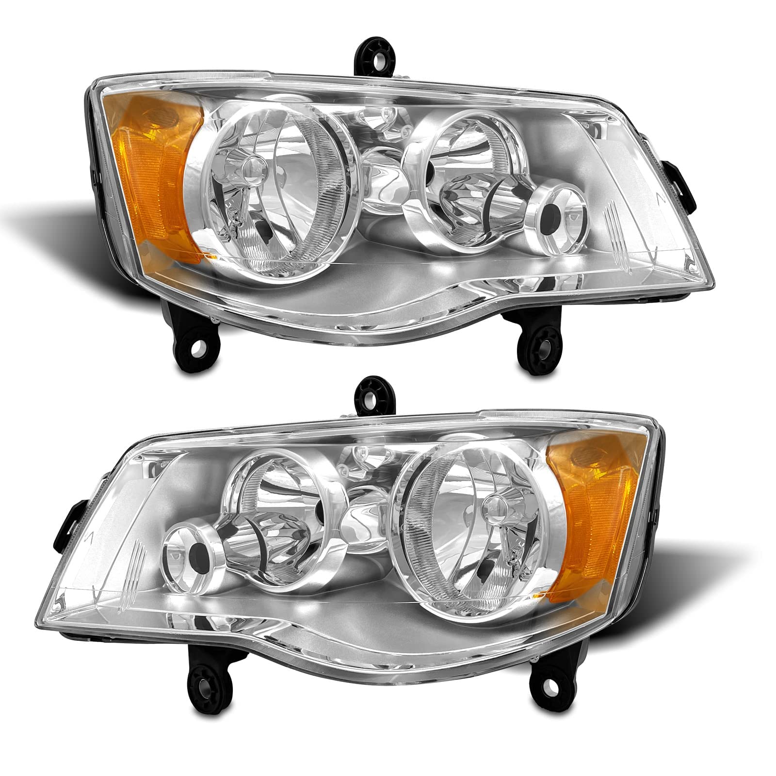 Dodge Grand Caravan & Chrysler Town & Country Headlights (2008-2020) - Chrome Housing with Amber Reflector - Driver & Passenger Side - Factory Style Replacement - Perfect for Night Driving & Vehicle Upgrades