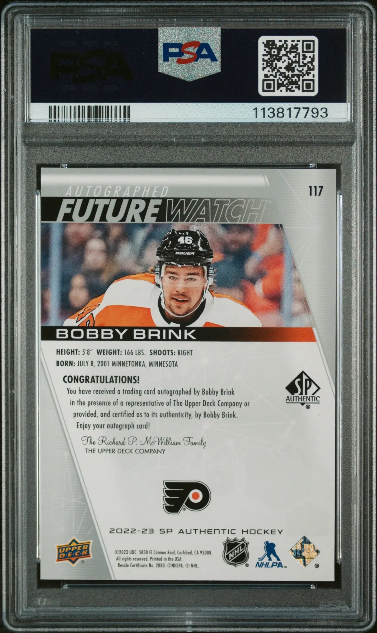 2022 UD SP Authentic Bobby Brink Future Watch Auto RC PSA 10 /999 - Rare Hockey Trading Card for Collectors & Investors - Perfect for Sports Memorabilia Collections & Gift Giving