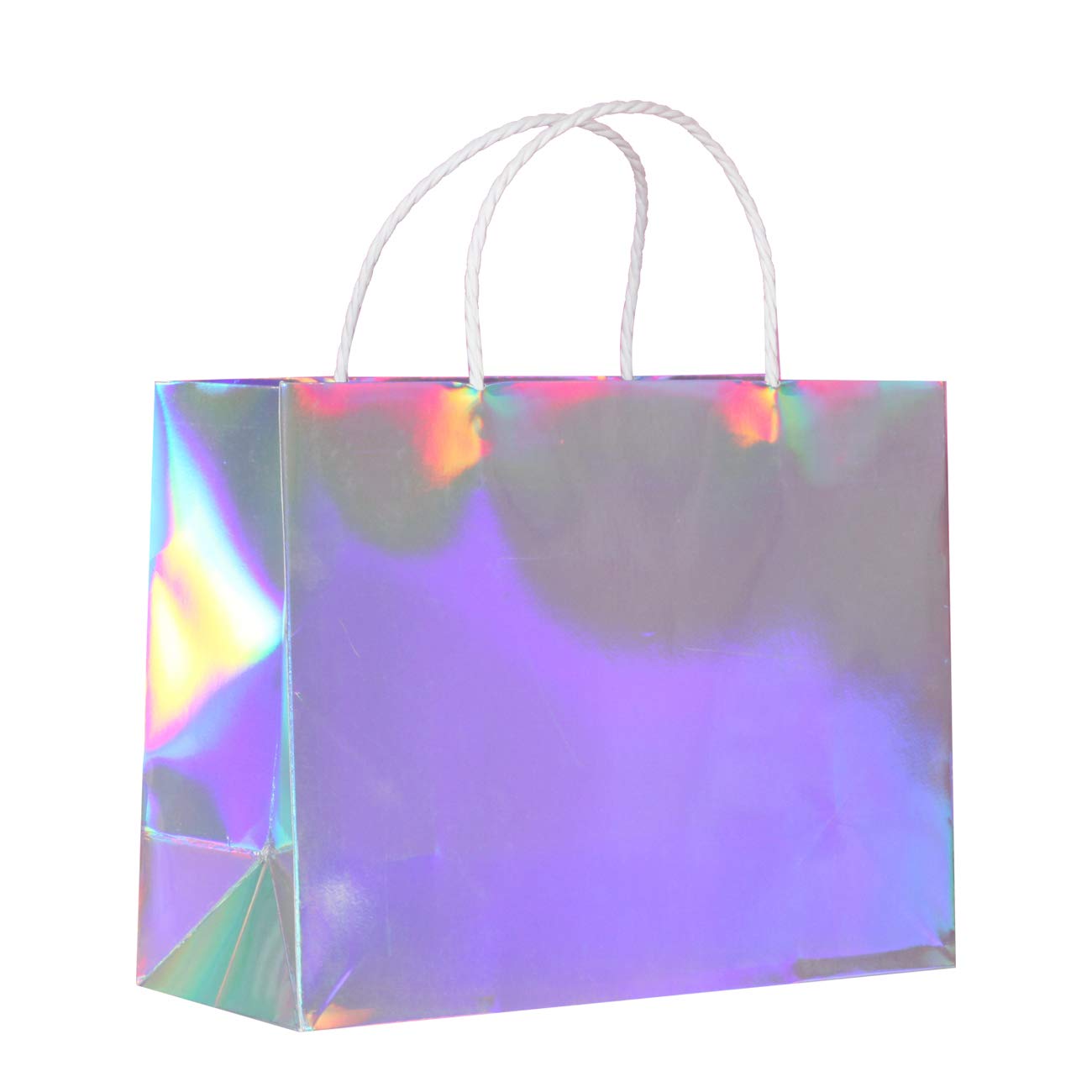 PAPERIST 6-Pack 11.8x4.7x9 Inch Medium Holographic Silver Gift Bags with Premium White Handles - Glossy Laminated Paper Bags for Birthday, Wedding & Party Favors