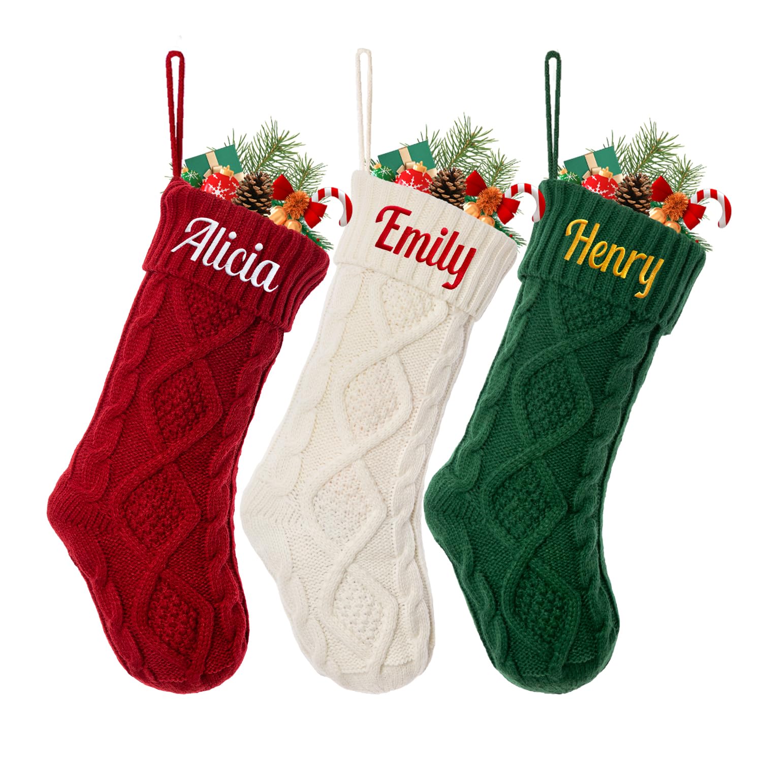 Personalized Christmas Stockings 18 Inch - Custom Name Knitted Stockings for Fireplace (3 Pack) | Double-Sided Xmas Decor for Kids, Family & Holiday Parties | Perfect for Christmas Tree Decorations & Gift Exchanges
