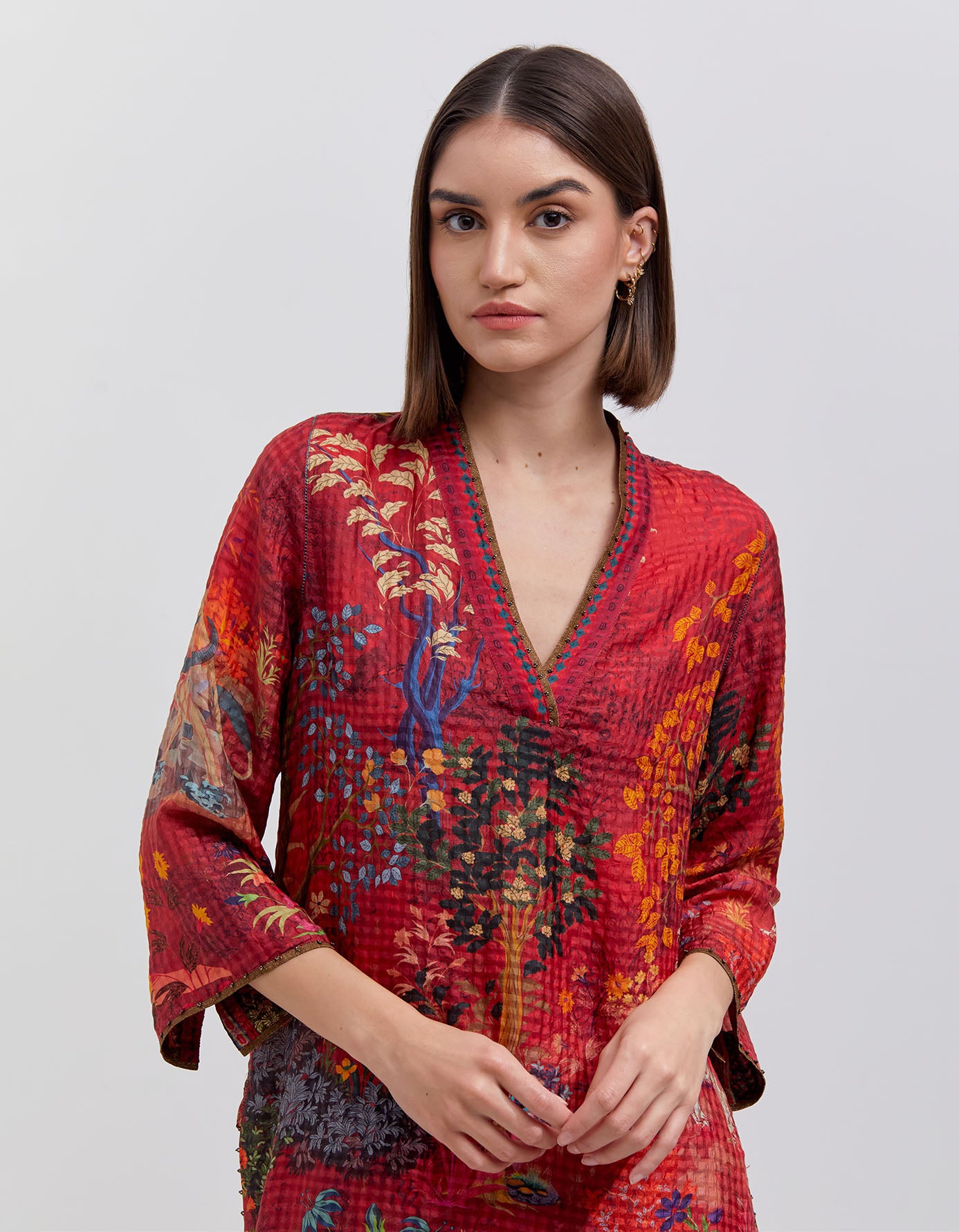 Elegant Damini Kurta in Silk Check Crimson - Traditional Indian Wear for Festivals, Weddings & Special Occasions
