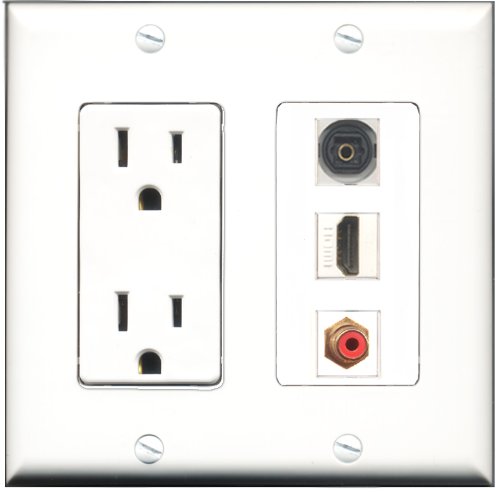 RiteAV 15 Amp Power Outlet with HDMI, RCA Red & Toslink Ports - Decorative Wall Plate for Home Theater & Audio Video Setup