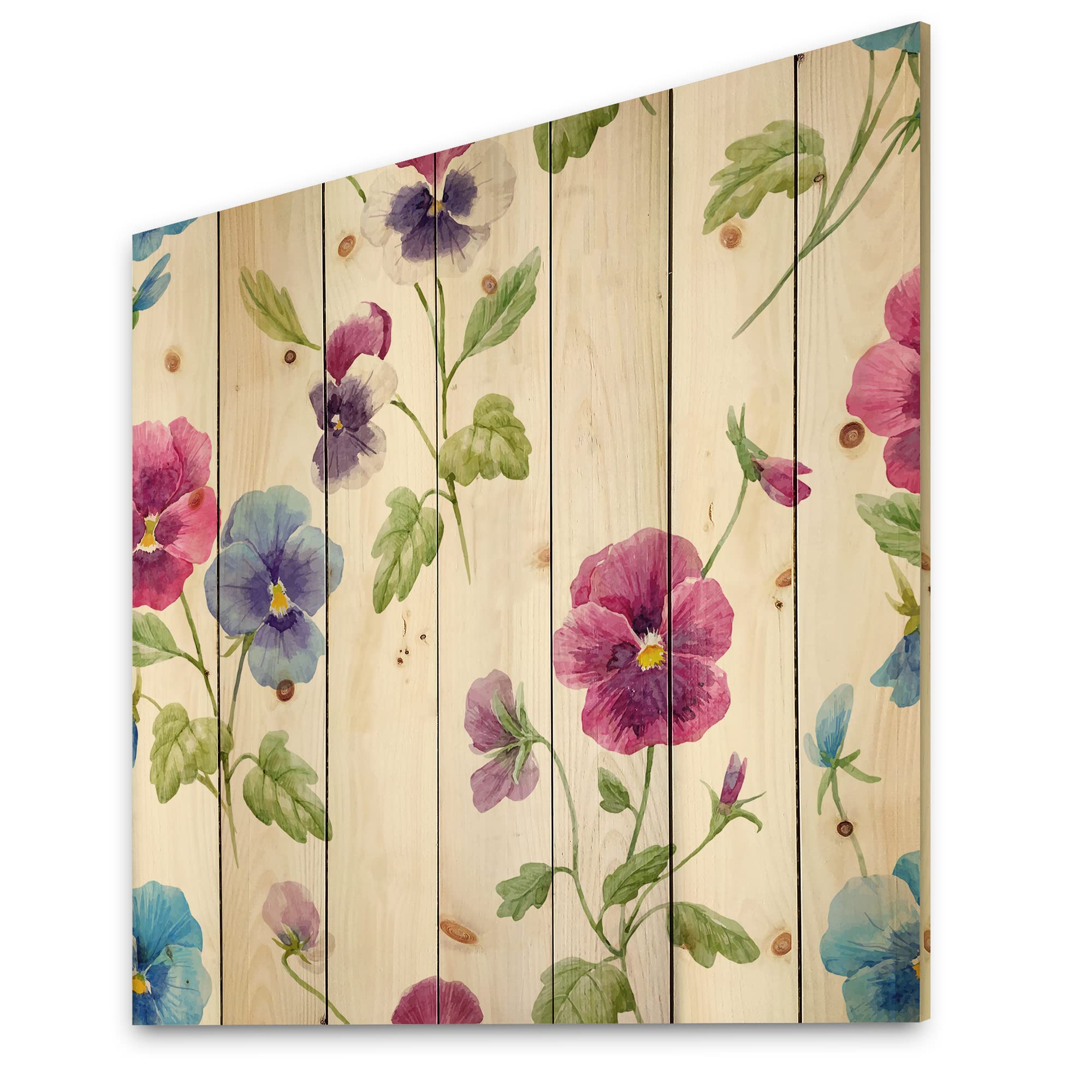 DesignQ Pink and Blue Pansy Flowers Traditional Wood Wall Decor - Large Floral Pine Wood Art Panel for Living Room, Bedroom, and Office Decoration