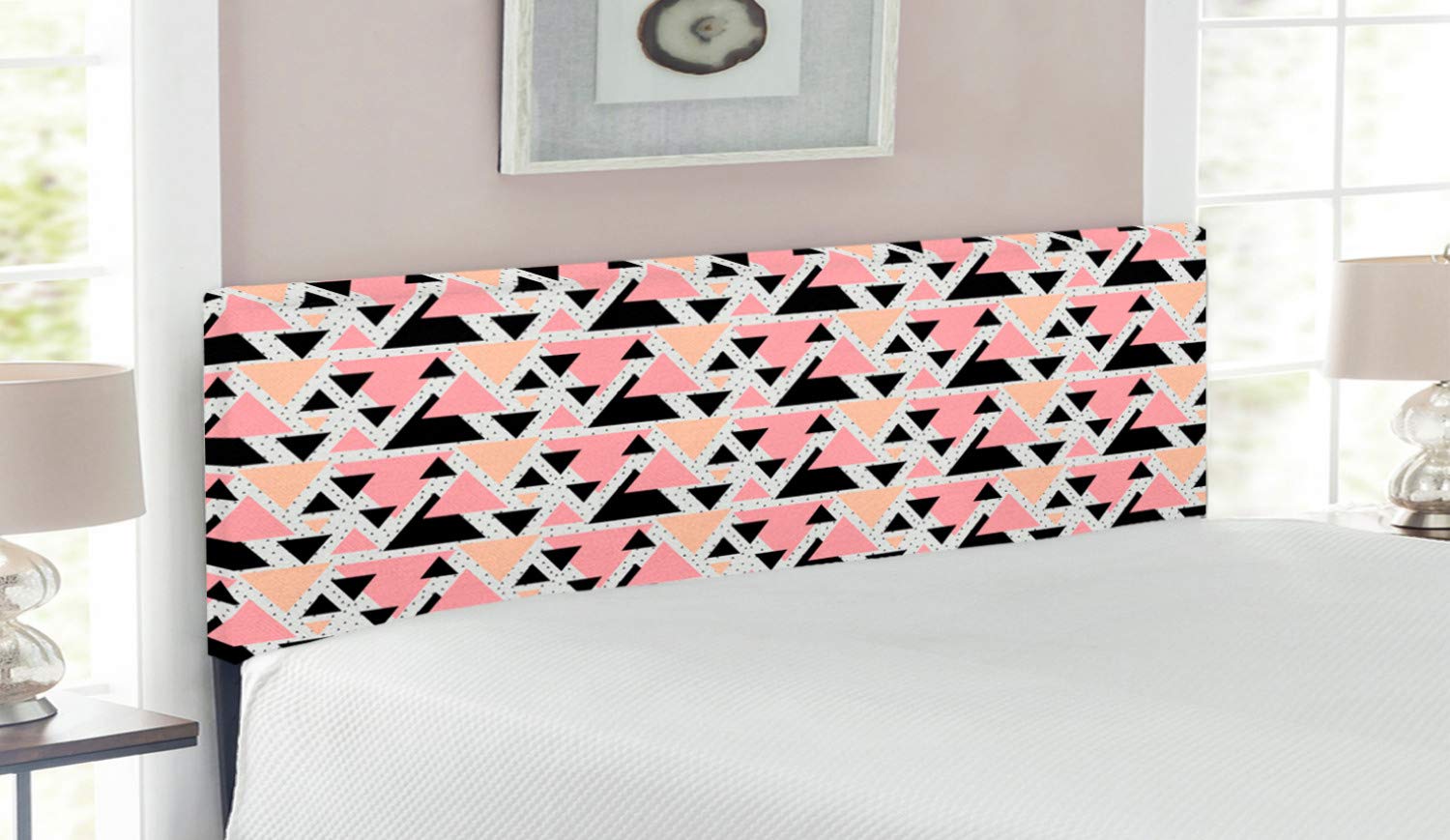 Ambesonne Geometric Headboard - Modern Triangle Pattern Upholstered Metal Bed Frame with Memory Foam, Queen Size in Peach Coral Black | Perfect for Contemporary Bedrooms, Guest Rooms & Dorm Decor