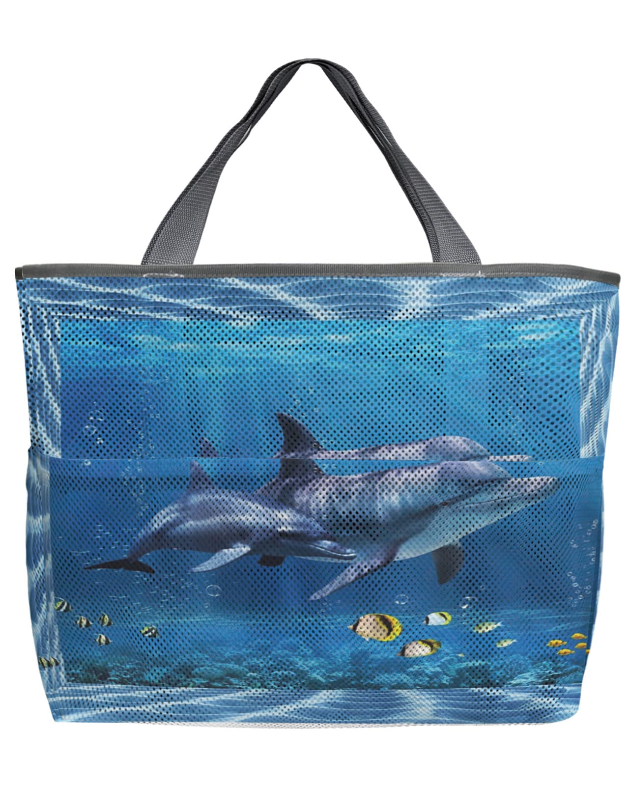 60L Oversized Mesh Beach Tote Bag - Blue Ocean Dolphin Fish Print, Quick-Dry Swim Bag with Pockets | Foldable Lightweight Grocery Storage Net Bag (24