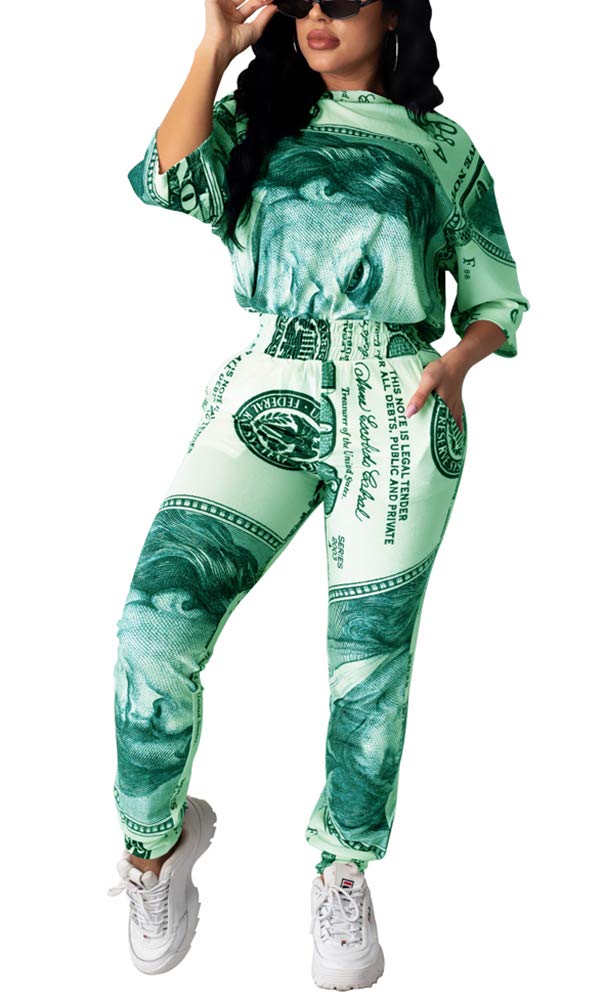 Bluewolfsea Women's Casual 2-Piece Sports Outfit - Money Print T-Shirt & Pants Set | Gym Workout, Running, Lounge Wear