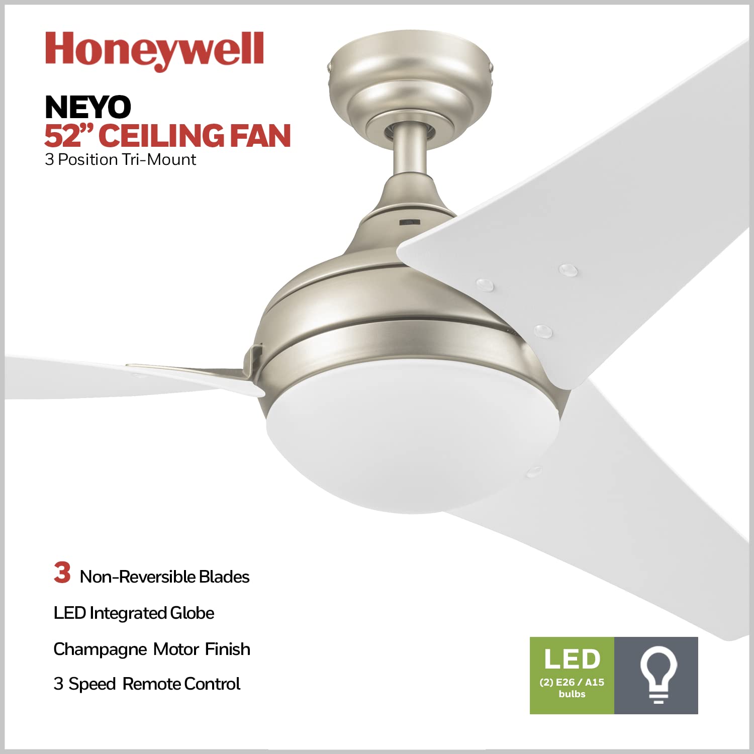 Honeywell Neyo 52 Inch Modern Ceiling Fan with LED Light and Remote Control - High Performance Reversible Motor, 3 Blades, Champagne Finish - Perfect for Living Room, Bedroom, and Office
