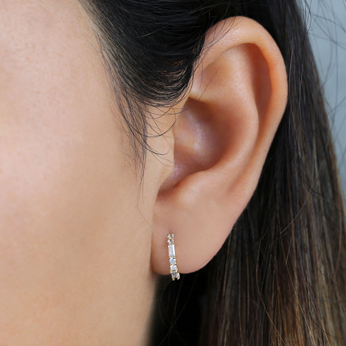 14K Yellow Gold Round & Baguette CZ Hoop Earrings for Women - Elegant Cubic Zirconia Stud Earrings for Daily Wear, Parties & Special Occasions