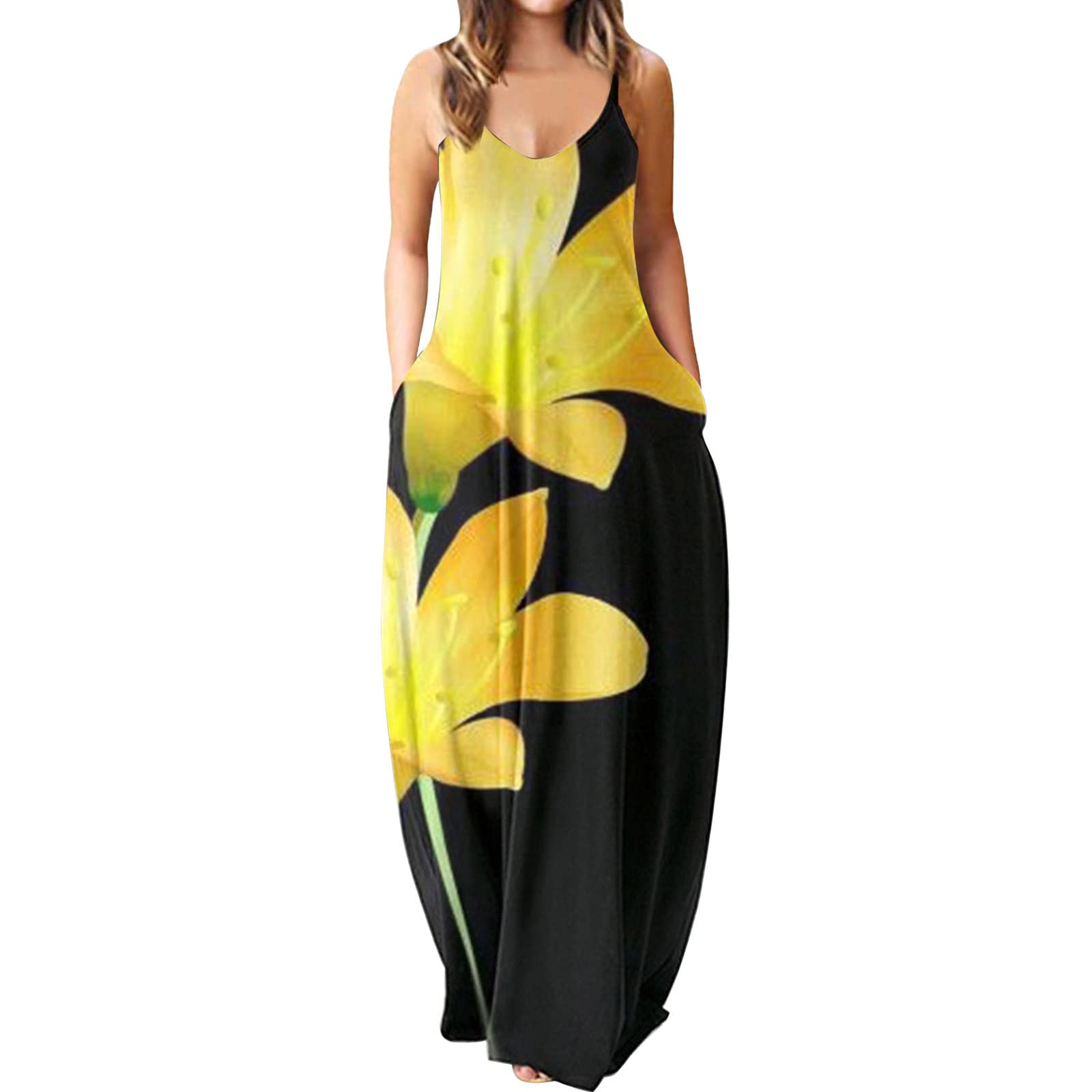 Women's Plus Size Spring Summer Casual Gradient U-Neck Sleeveless Spaghetti Strap Dress - Flowy Floral Maxi Dress for Beach Vacation, Date Night & Outdoor Parties