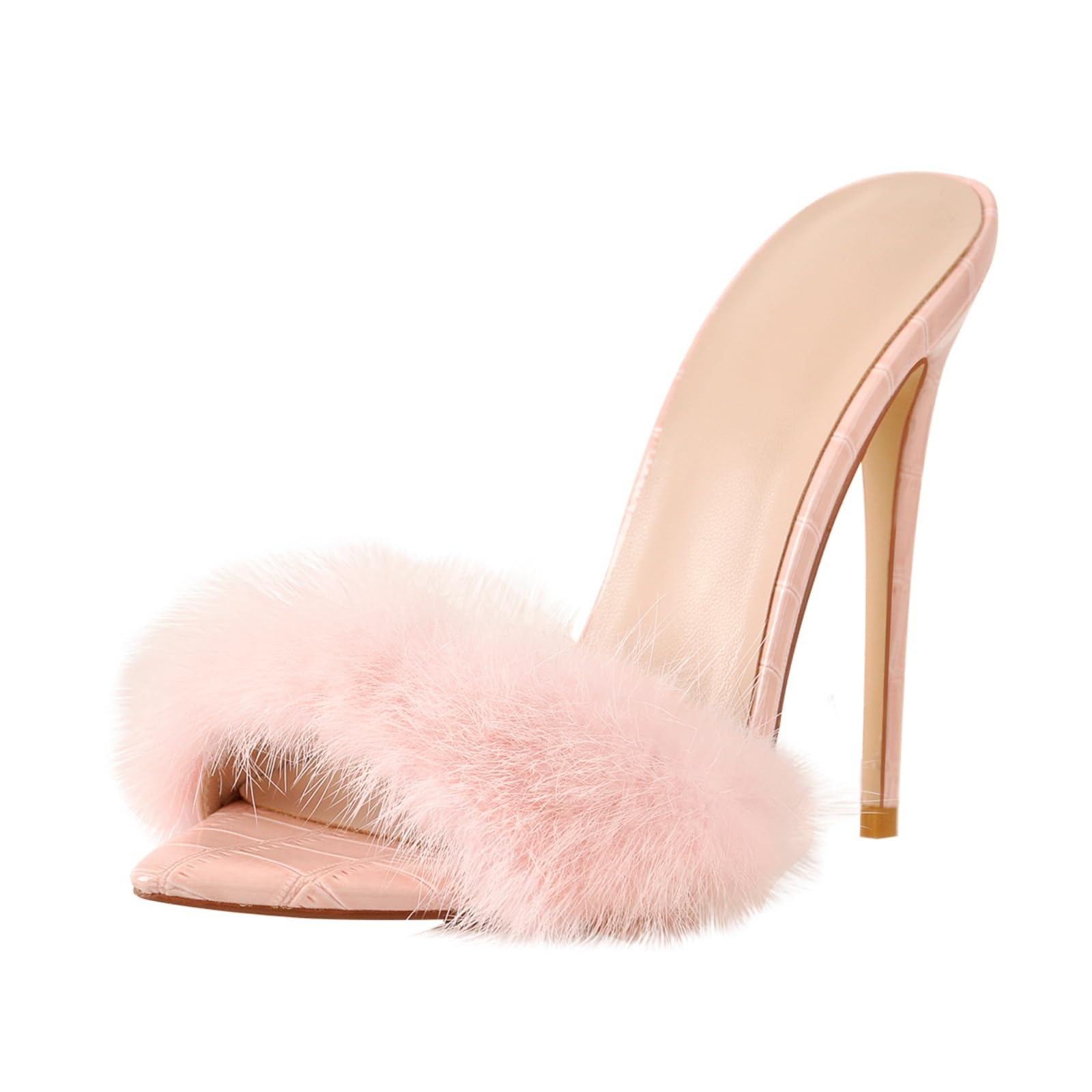 Richealnana Women's Fuzzy Fur Mules - Slip On High Heel Sandals for Women - Comfortable House Slippers & Fashionable Indoor/Outdoor Shoes for Lounge, Parties, and Date Nights