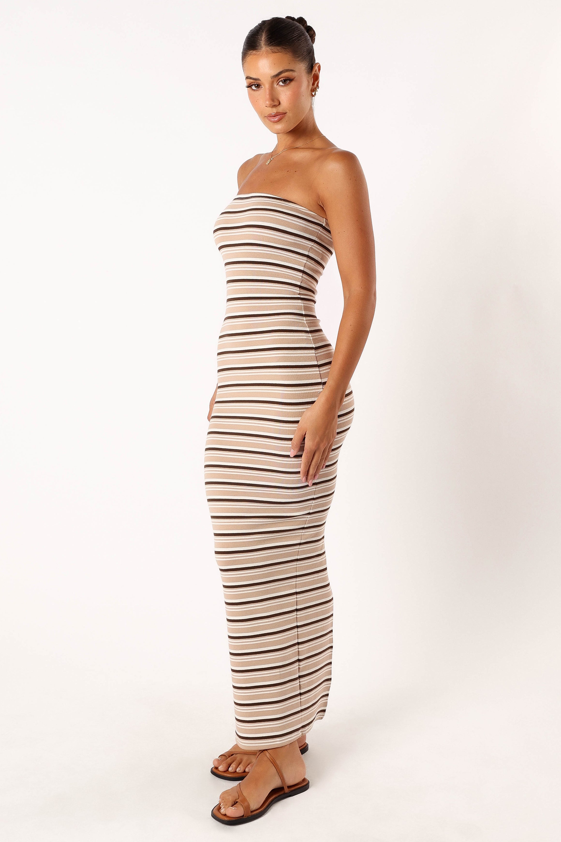 Hunter Strapless Maxi Dress - Cream Stripe Floral Print Summer Beach Dress for Women, Perfect for Vacation, Wedding Guest & Outdoor Parties