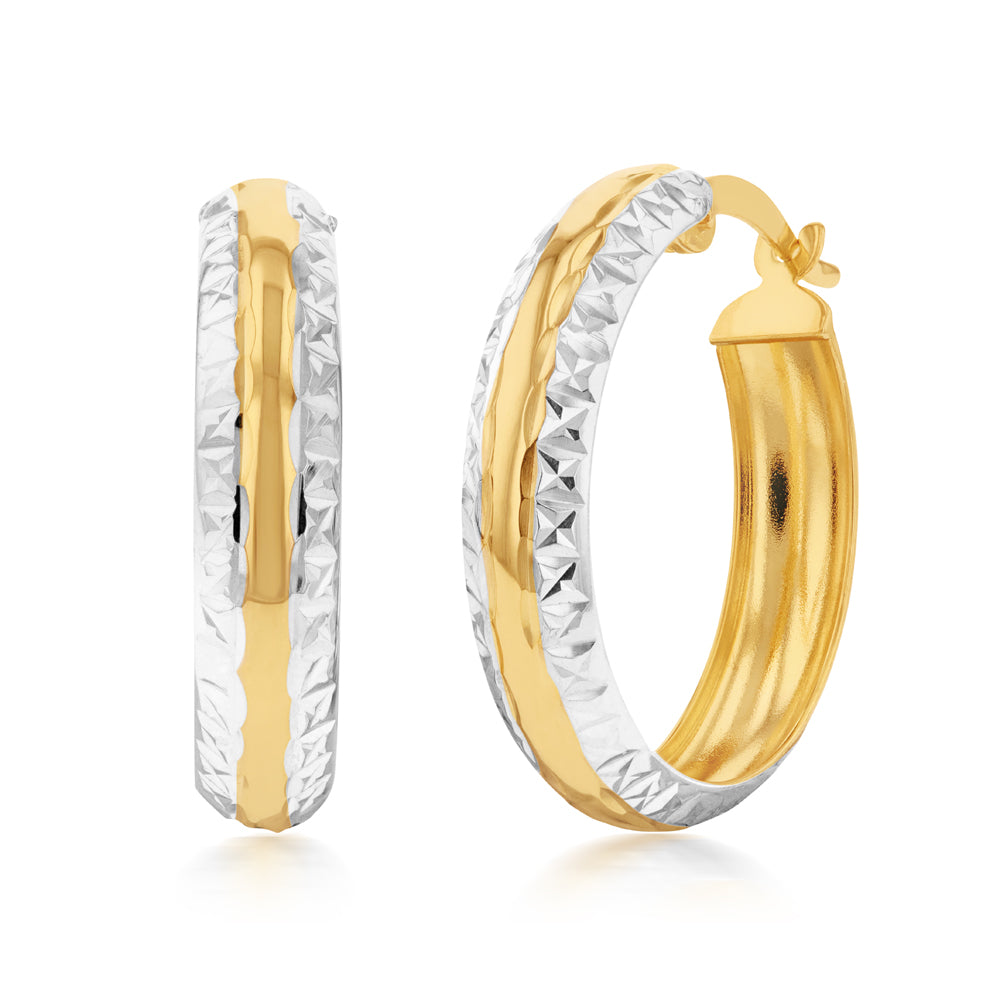 9ct Yellow & White Gold Silver-Filled Diamond-Cut 20mm Hoop Earrings for Women - Elegant Everyday & Party Jewelry Gift