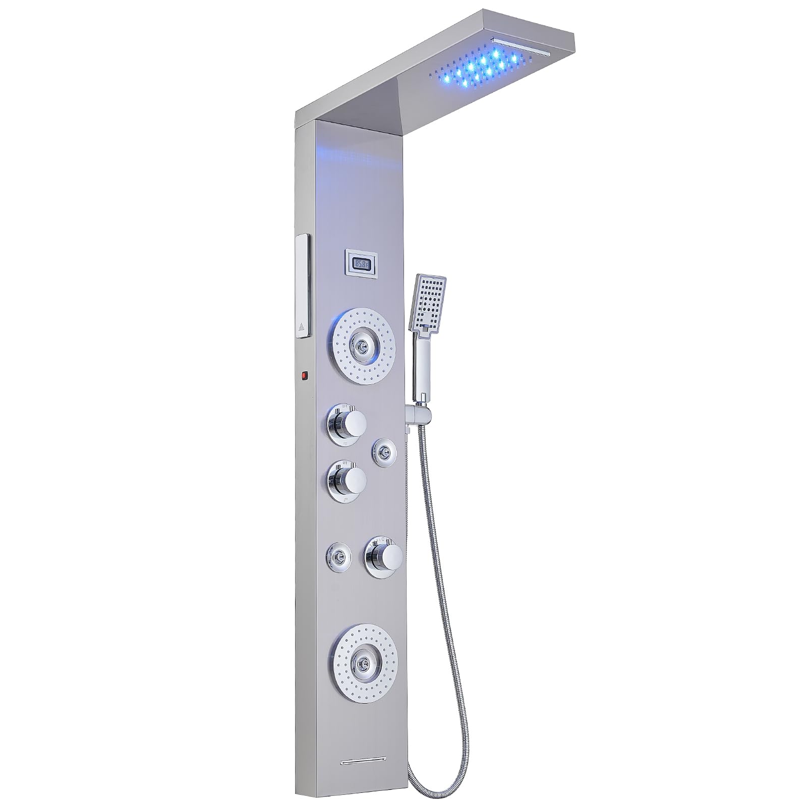 Premium LED Shower Panel Tower System - 6-Function Rainfall Shower Head with Body Jets & Temperature Display - Brushed Nickel & Chrome Wall Mounted Shower Panel for Modern Bathroom Upgrade - Perfect for Spa-Like Relaxation & Luxury Bathing Experience