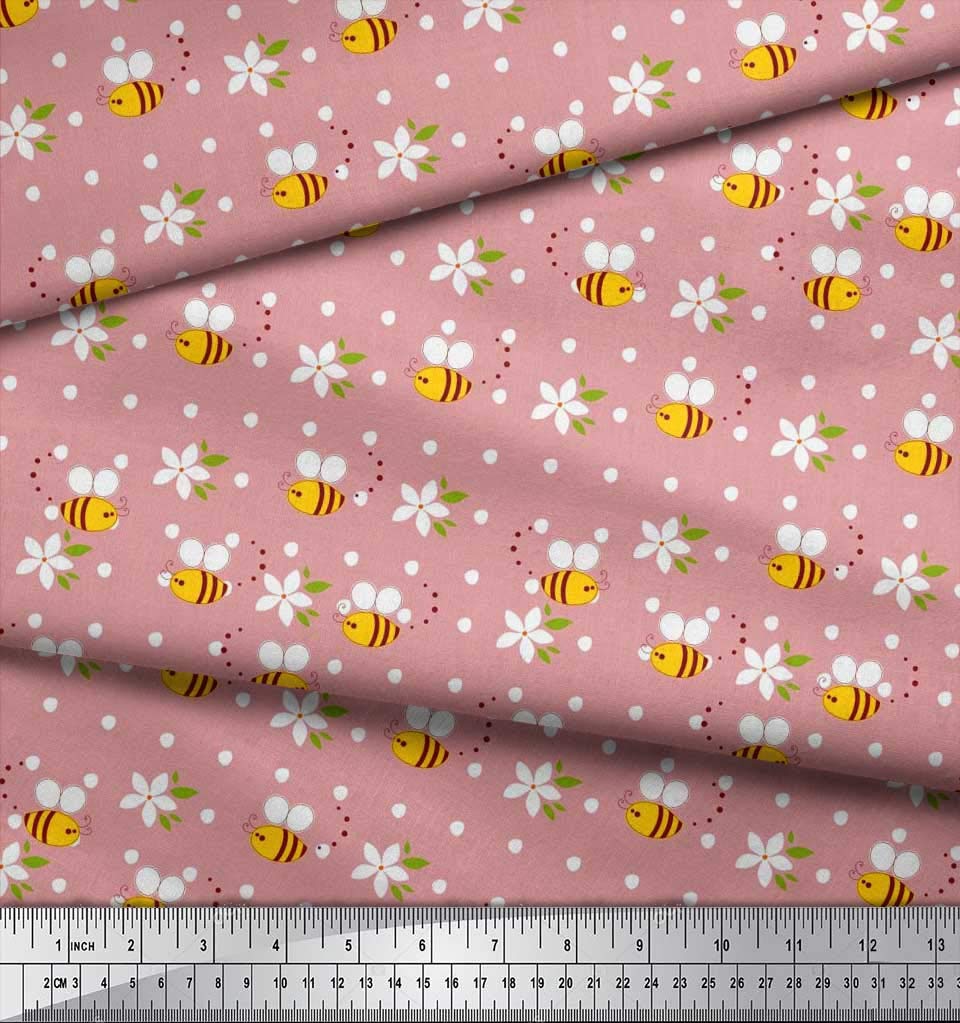 Soimoi Pink Georgette Fabric - Floral Honey Bee Print - for Dresses & Scarves