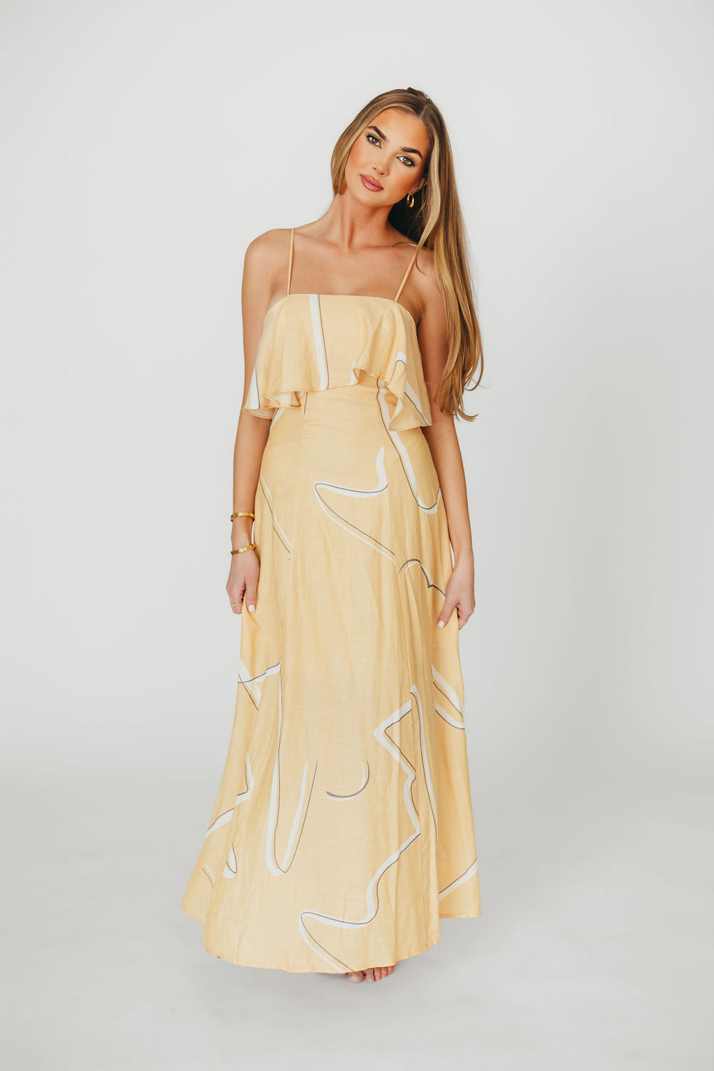 Lark Ruffle Detail Maxi Dress in Mango - Flowy Summer Beach Dress for Women, Boho Chic Midi Dress with Ruffles, Perfect for Vacations, Weddings & Date Nights