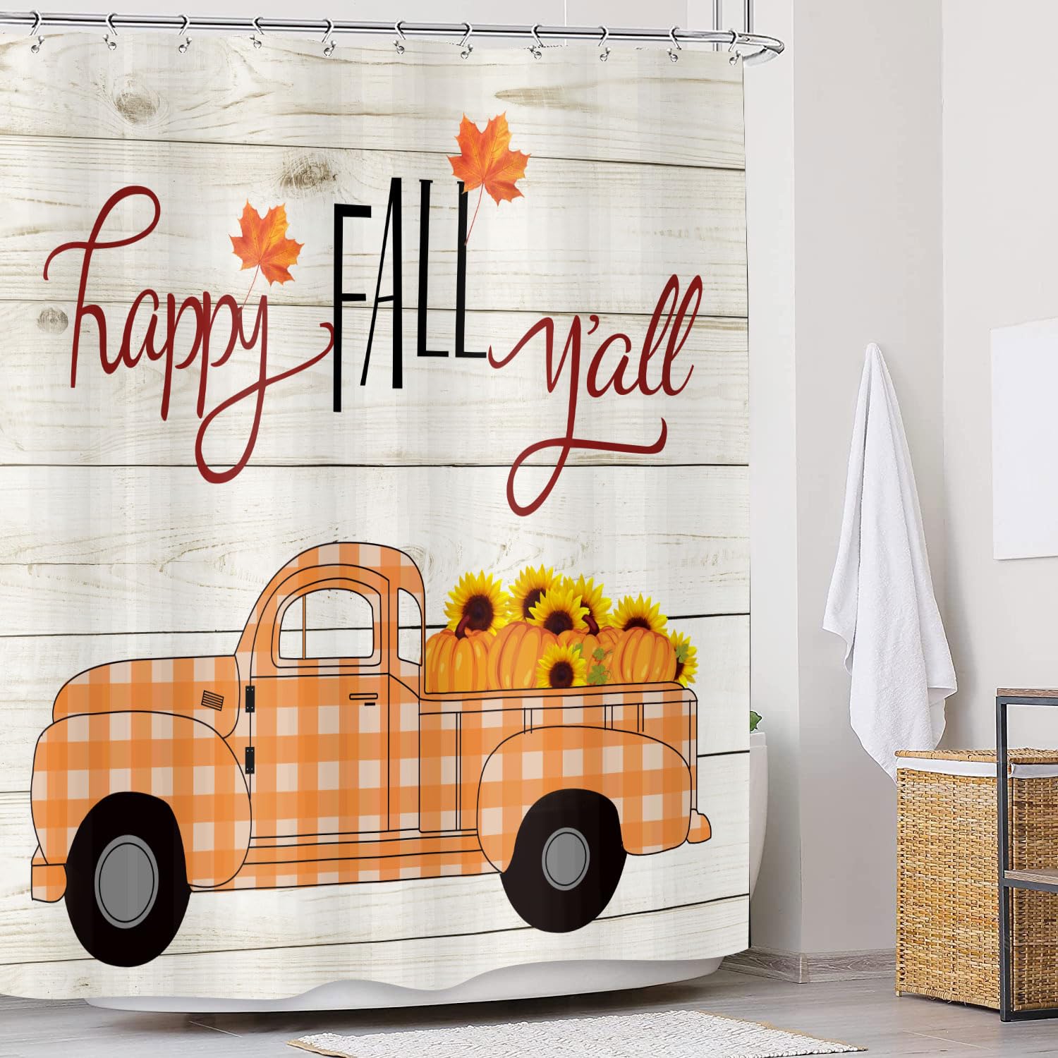 JAWO Fall Shower Curtain - Thanksgiving Harvest Pumpkin Sunflower Truck Maple Leaves Bathroom Decor, Autumn Farmhouse Orange Printed Polyester Fabric Bath Curtain with Hooks 72x72 - Perfect for Seasonal Bathroom Makeover & Cozy Autumn Atmosphere