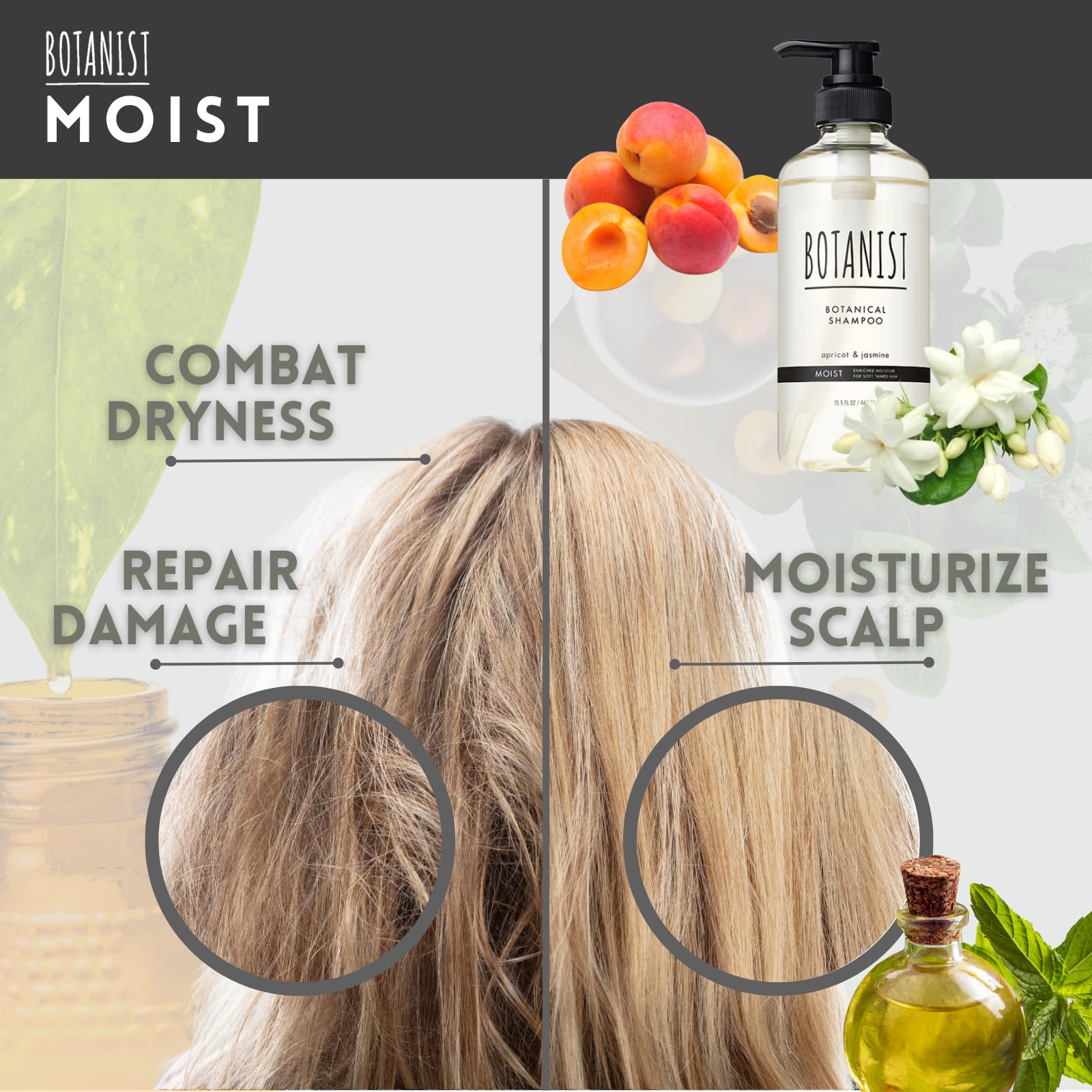 Botanist Keratin Shampoo for Dry & Damaged Hair - Natural Organic Moisturizing Shampoo with Japanese Macadamia Nut Oil & Rice Ceramide - Sulfate & Silicone Free - Apricot & Jasmine Scent - 15.5 Fl Oz - Perfect for Daily Hair Care & Repair for Women & Men