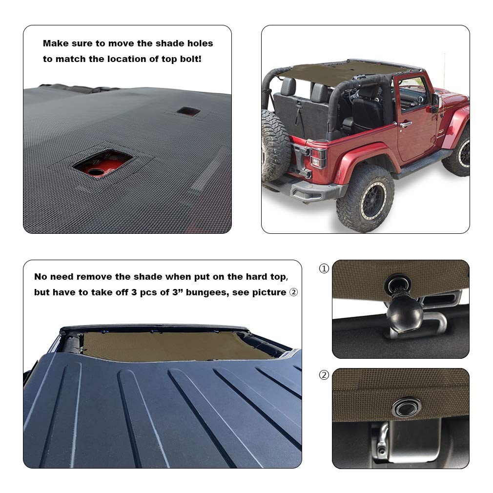 Jeep Wrangler JK Sun Shade Top (2007-2018) - Soft Mesh Roof Cover for 2 Door Models | UV Protection & Wind Noise Reduction | Tank Green Color | 10 Year Warranty | Perfect for Off-Roading, Beach Trips & Summer Driving