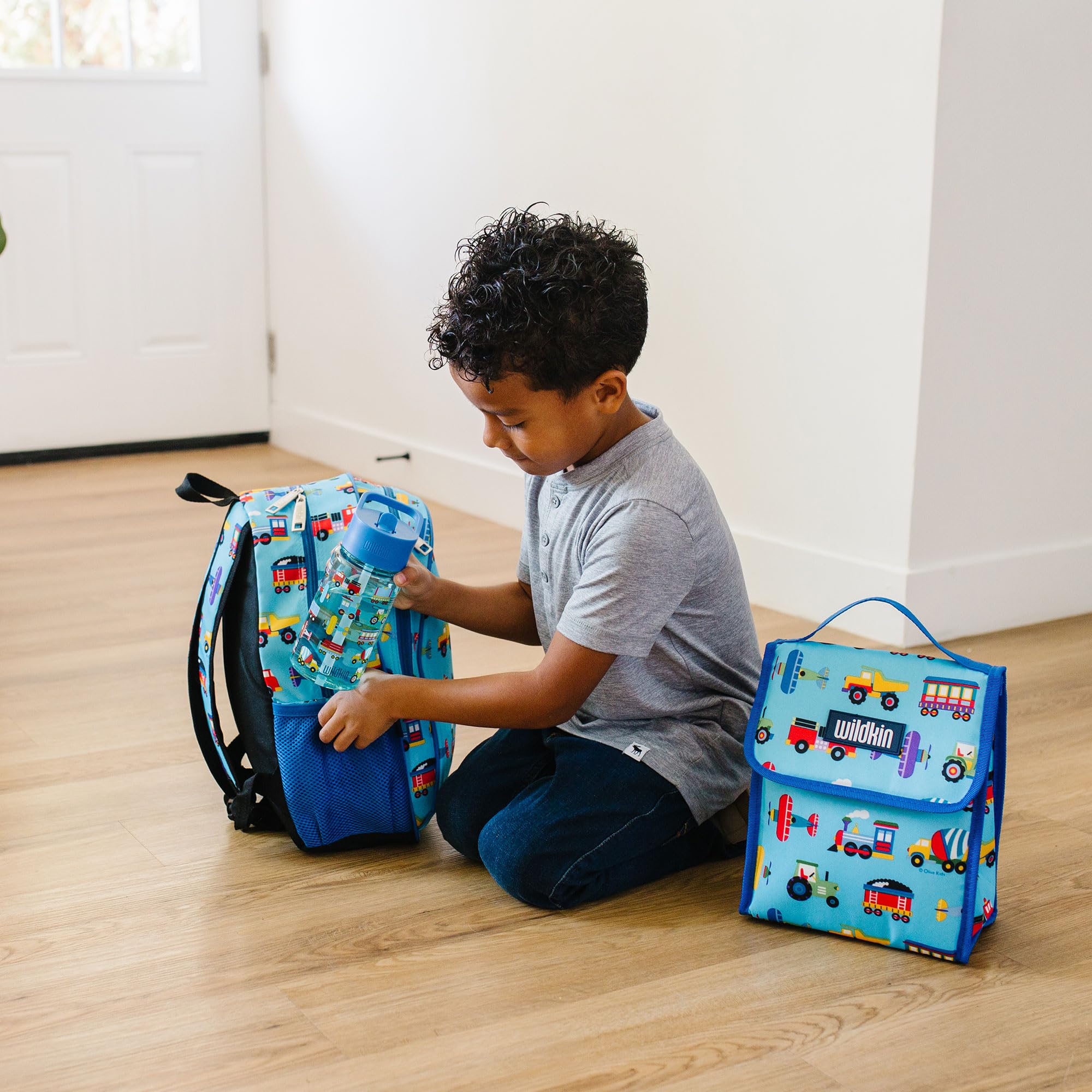 Wildkin Kids 15 Inch Backpack Set with Bento Lunch Box - Trains, Planes & Trucks Design | Perfect for School, Travel & Daycare
