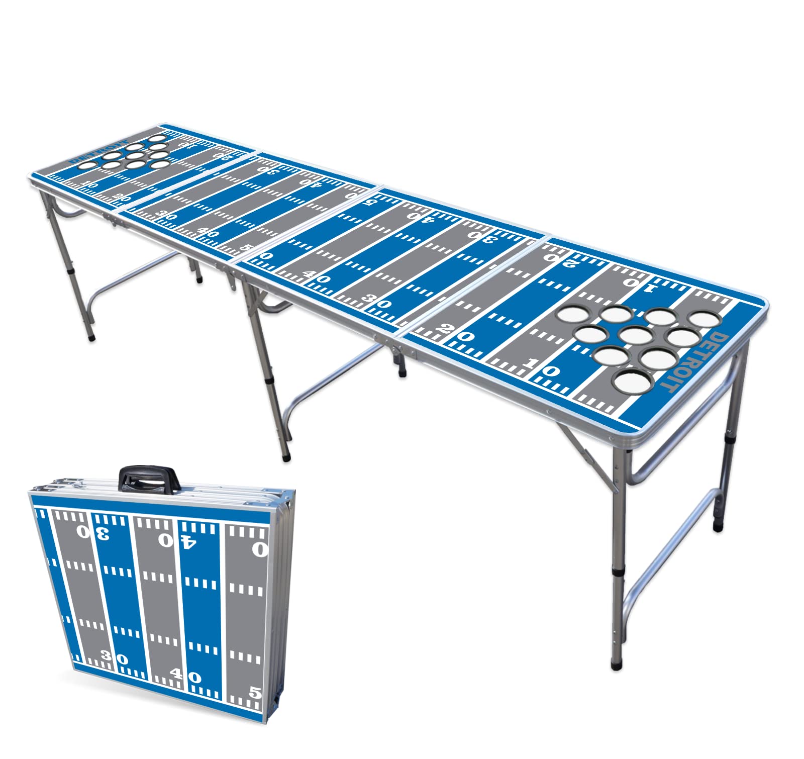 8-Foot Folding Portable Beer Pong Table with LED Lights & Optional Cup Holders - Detroit Football Field Design for Indoor/Outdoor Parties, Tailgating & Game Nights (Multiple Models Available)