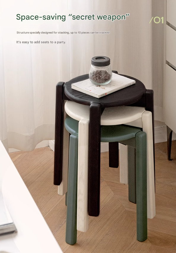Solid Oak Wood Stacking Stool - Durable & Space-Saving Bar Stool for Kitchen Island, Dining Room, or Outdoor Patio Use