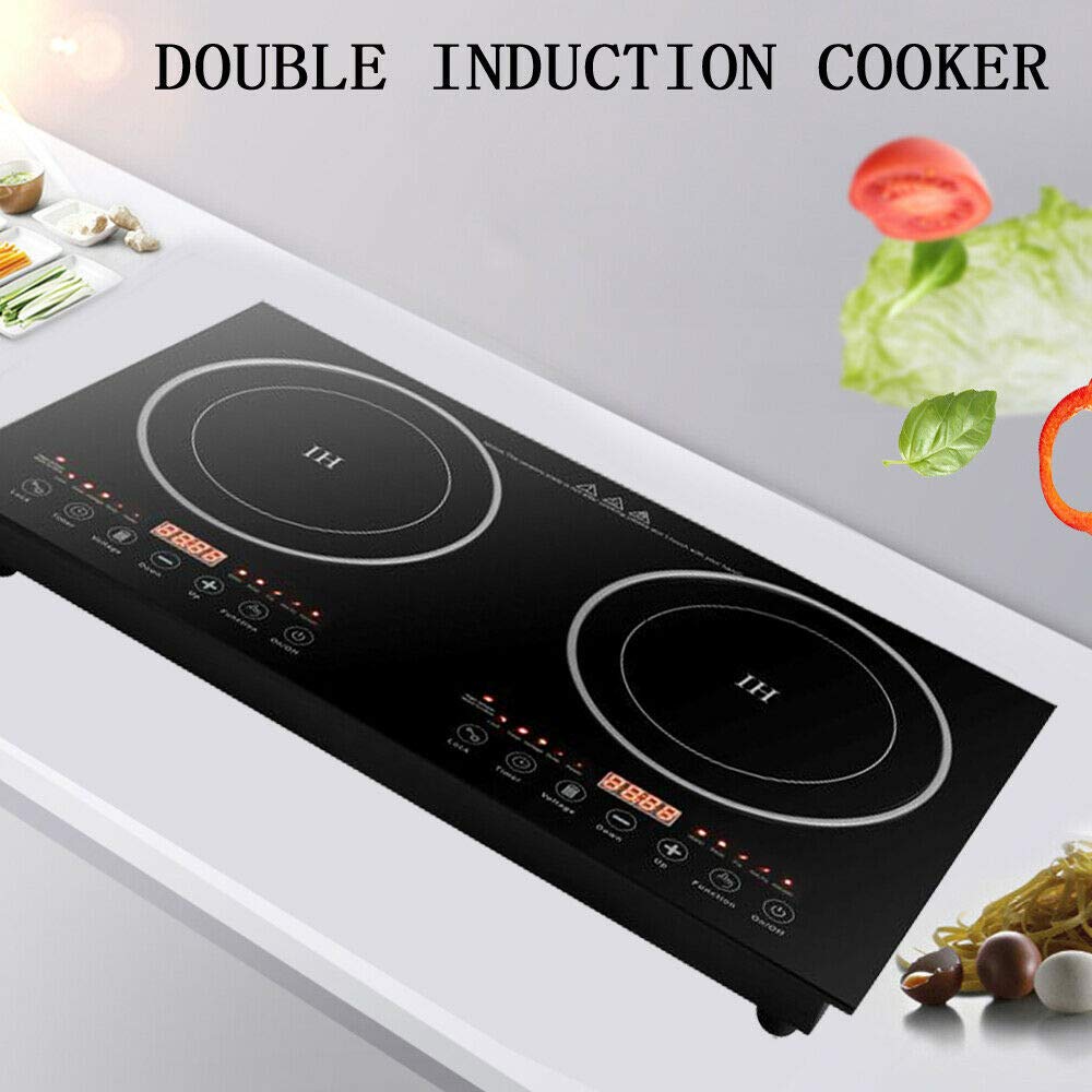 Black Crystal Panel Induction Cooker 110V - Double Burner Electric Hot Plate Stove, 1200W Countertop Cooktop with 8 Power Levels - Perfect for Griddle, Pan, Wok & Home Kitchen Cooking