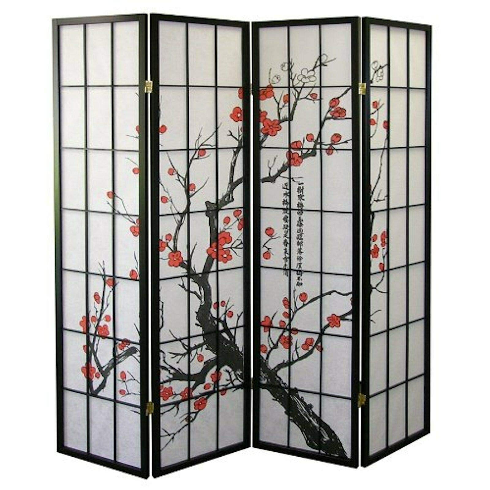 GXP 4/6/8 Panel Plum Blossom Folding Room Divider - White & Black Frame Privacy Screen for Home Office, Bedroom, Living Room (4 Panel, White)
