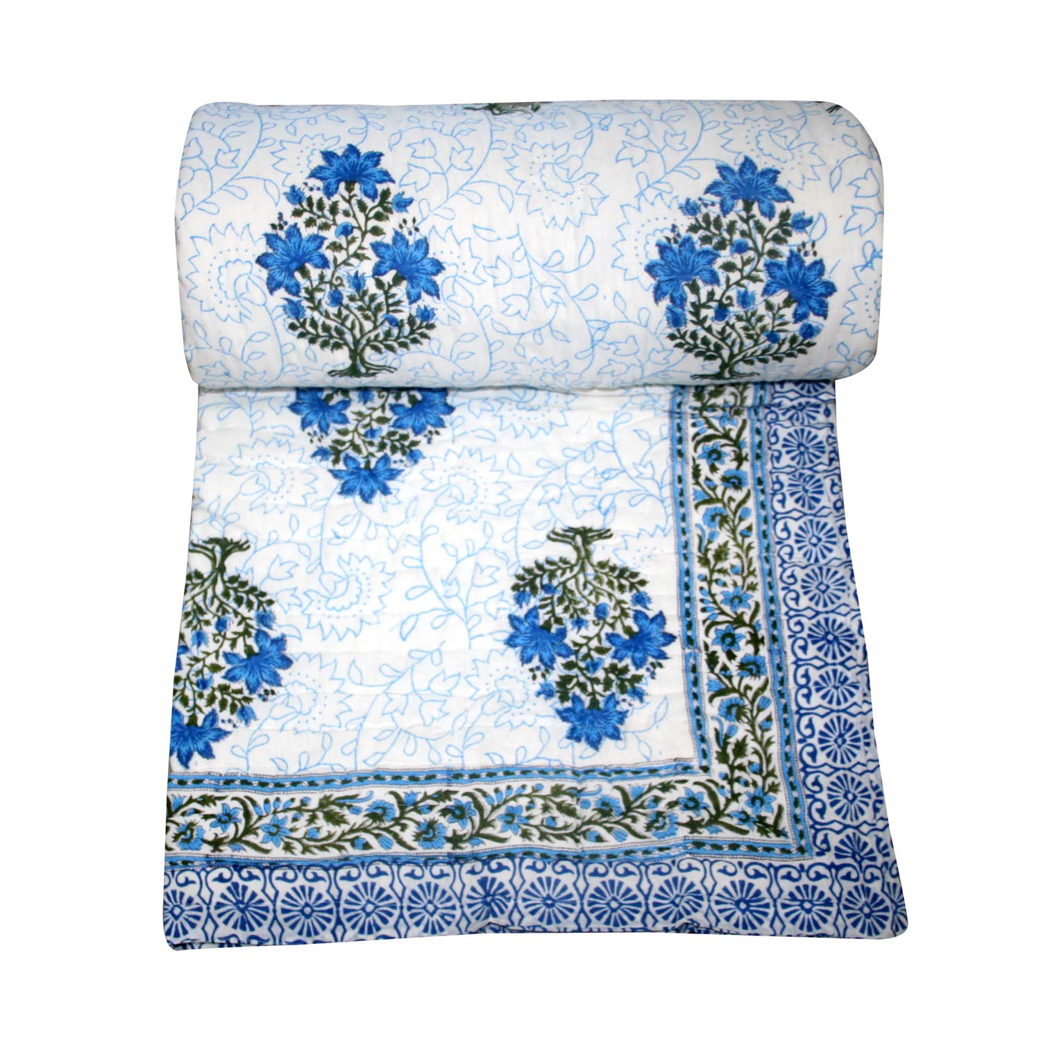 Hand Block Printed Organic Cotton Dohar - King/Twin Size Indian Quilt with Floral Tree Design | California King 108x108 Inches | Soft & Breathable for All-Season Comfort | Perfect for Bedroom, Guest Room, or Travel Use