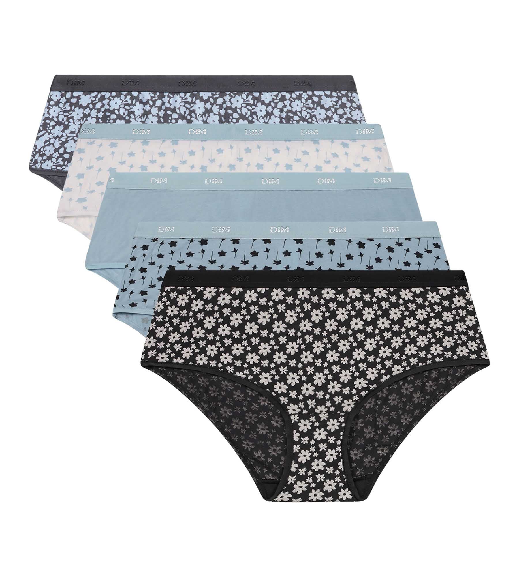 5 Pack Women's Stretchy Cotton Shorts - Blue Gray Floral Print, Comfortable Casual Wear for Summer, Lounge, Yoga & Beach